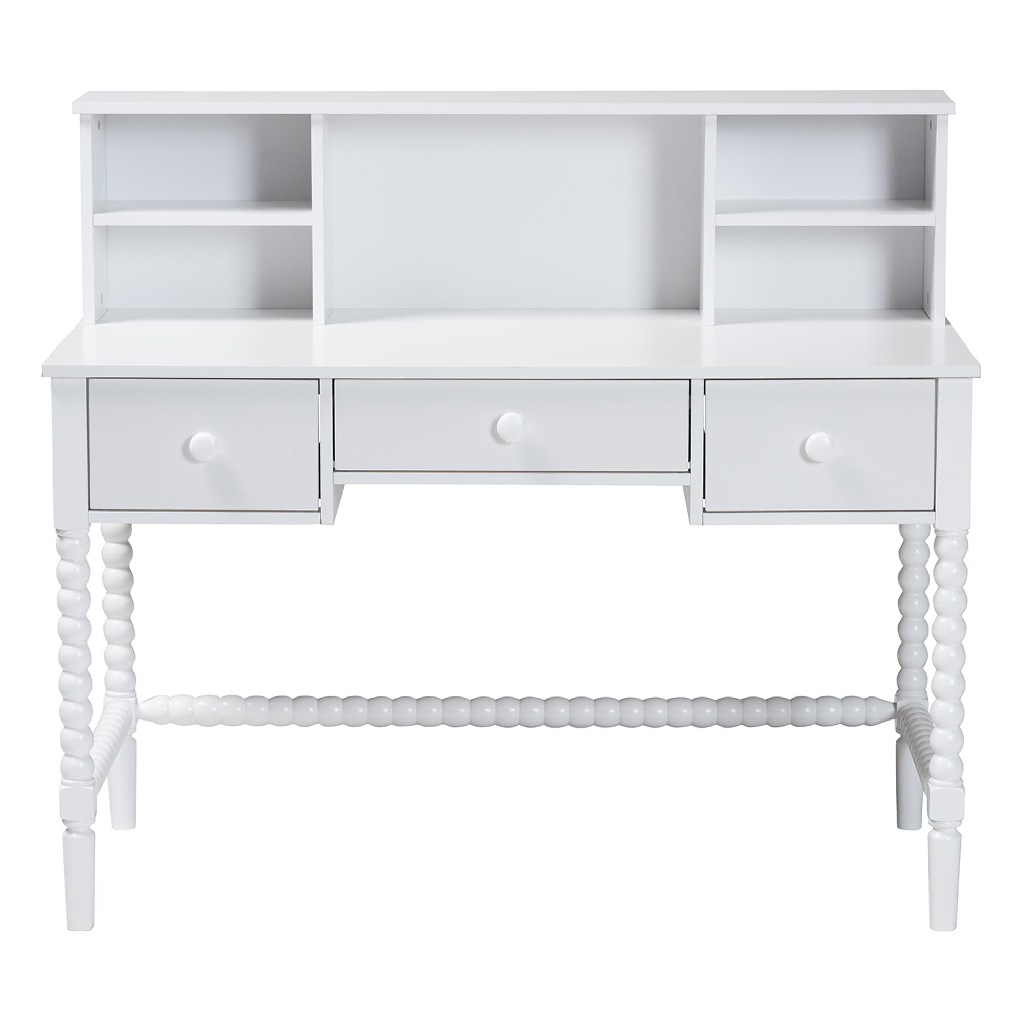 Baxton Studio Archwood Writing Desk with Hutch - 3-Drawer Wood Desk with Bobbin Design for Home Office or Bedroom Workspace, White