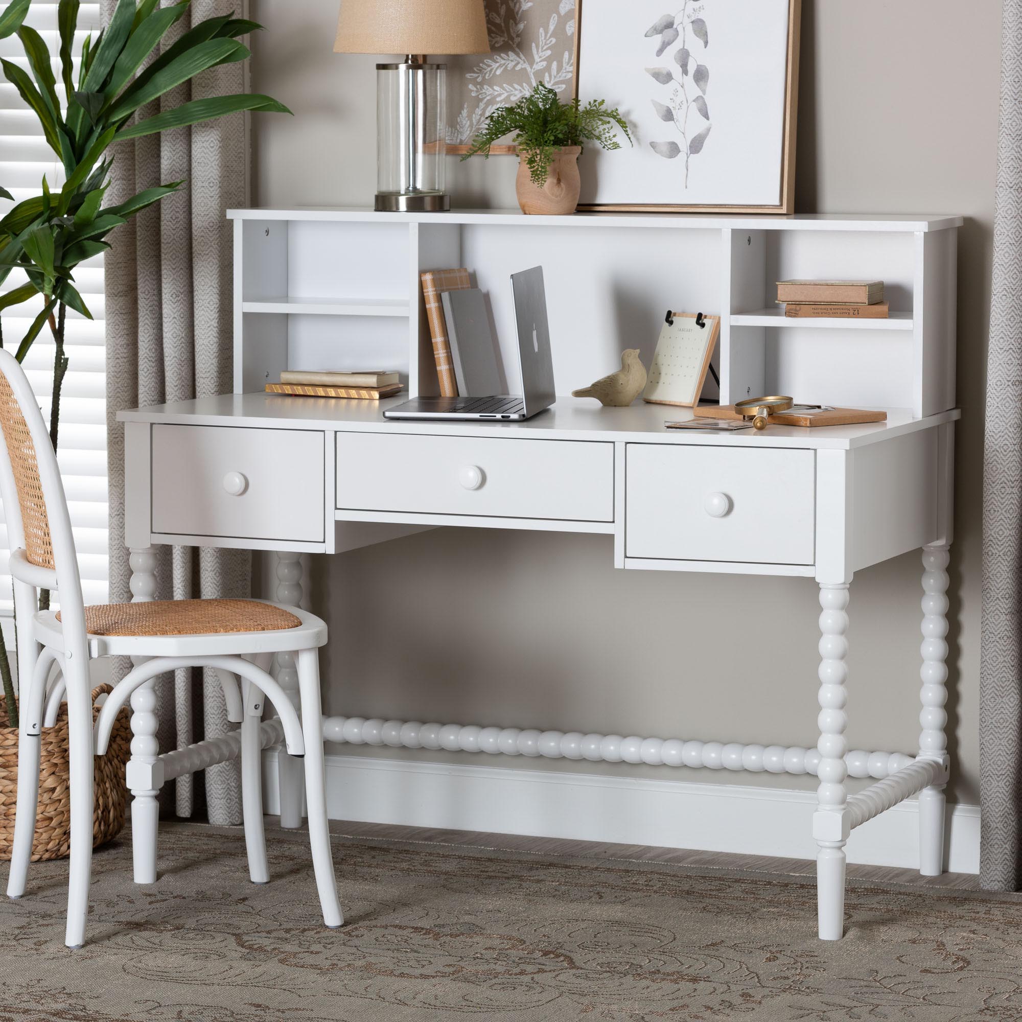 Baxton Studio Archwood Writing Desk with Hutch - 3-Drawer Wood Desk with Bobbin Design for Home Office or Bedroom Workspace, White