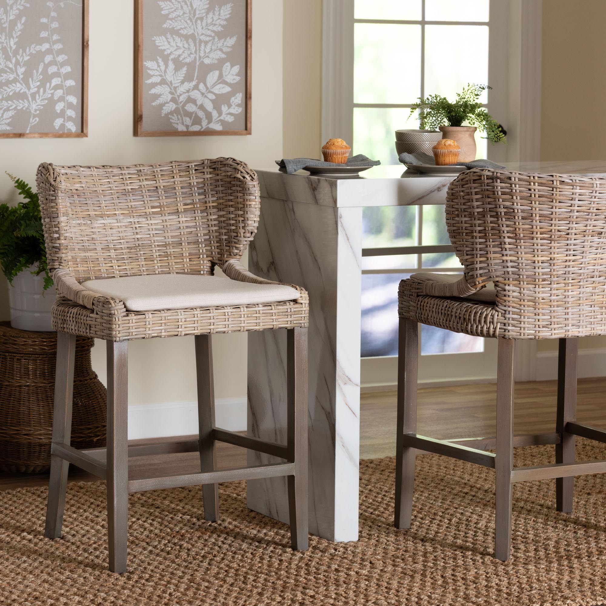 bali & pari Niesha Kubu Rattan Counter Stool with Cushion - Handwoven Wicker Accent Stool with Flared Arms Design for Kitchen Island