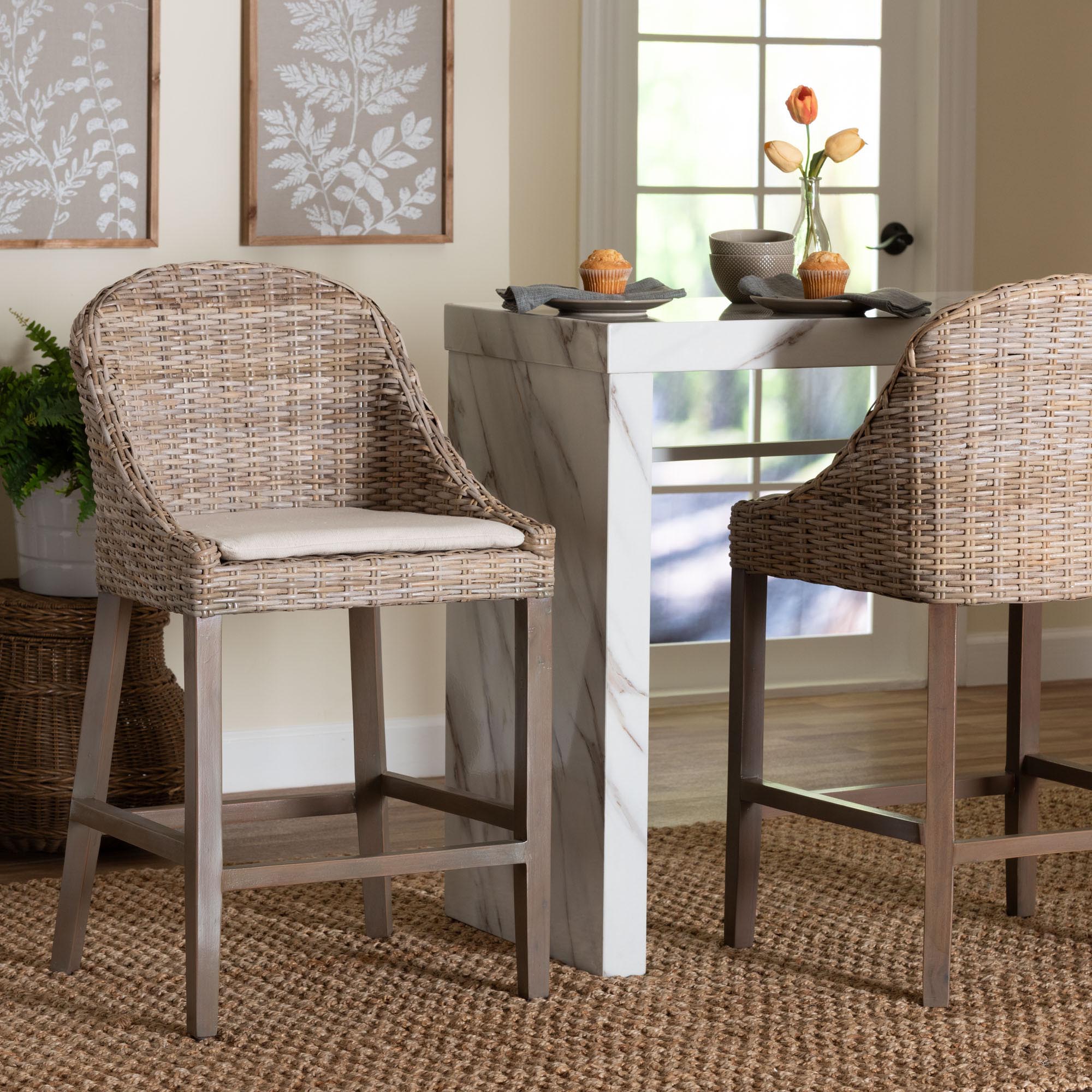 bali & pari Lara Kubu Rattan Counter Stool with Cushion - Handwoven Wicker Accent Stool with Wingback Design for Kitchen Island
