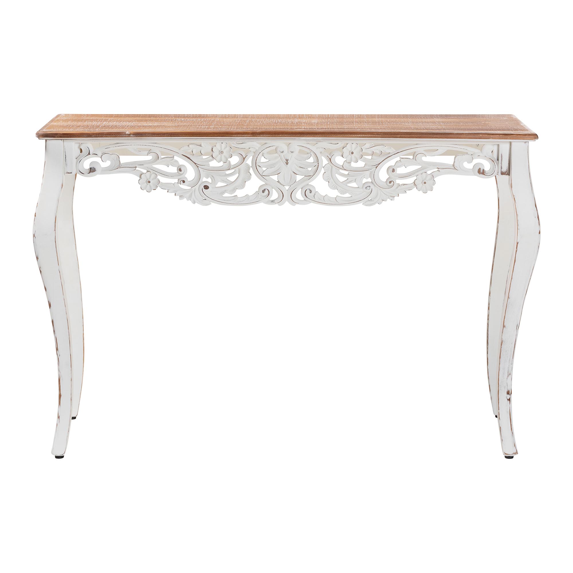 Baxton Studio Riquin Distressed Wood Console Table - Carved Wood Accent Table with Floral Motif and Two-Tone Finishing