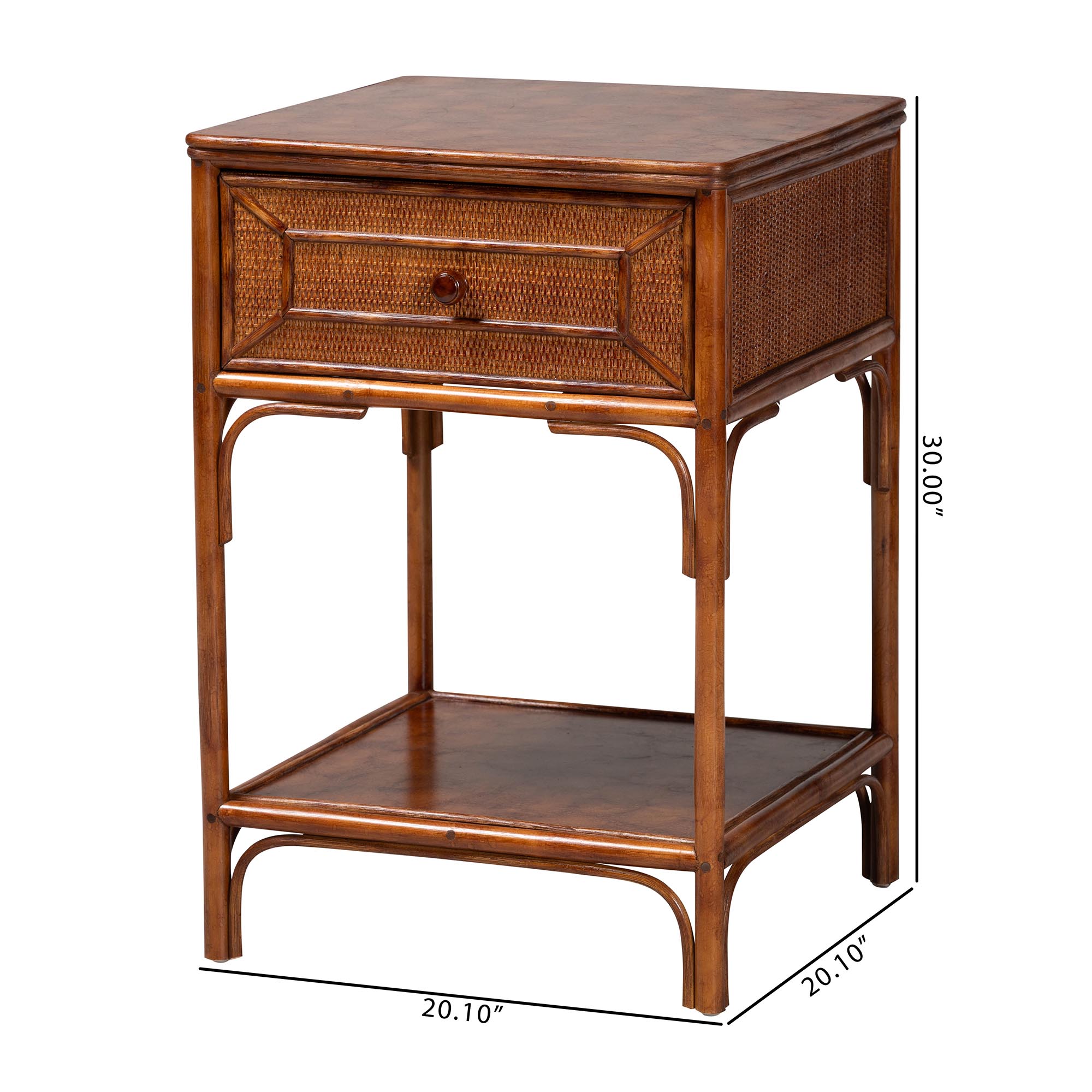 bali & pari Basile Marbled Tortoise Natural Rattan End Table - Handwoven Wicker Accent Table with Geometric Overlay Drawer and Open Shelf for Living Room