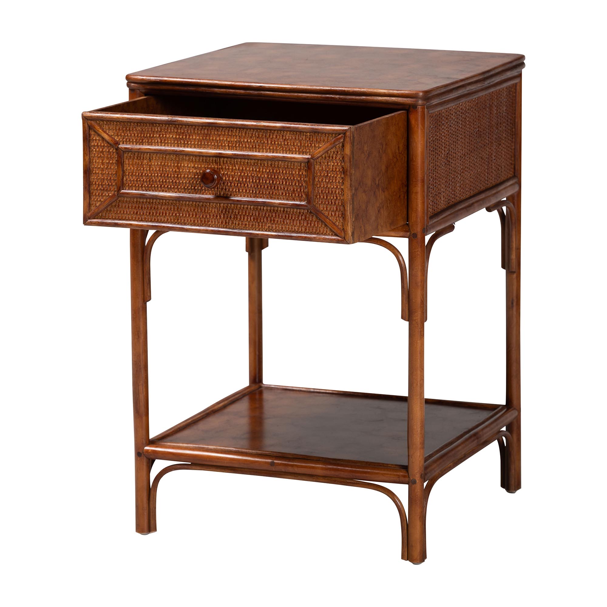 bali & pari Basile Marbled Tortoise Natural Rattan End Table - Handwoven Wicker Accent Table with Geometric Overlay Drawer and Open Shelf for Living Room