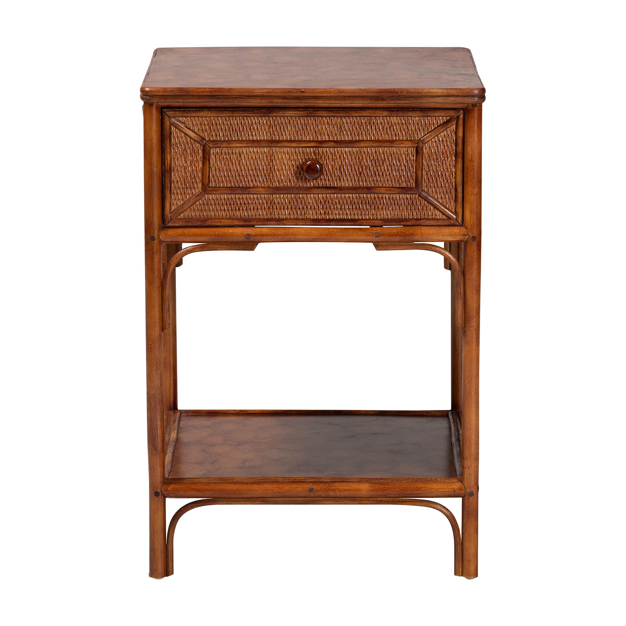 bali & pari Basile Marbled Tortoise Natural Rattan End Table - Handwoven Wicker Accent Table with Geometric Overlay Drawer and Open Shelf for Living Room