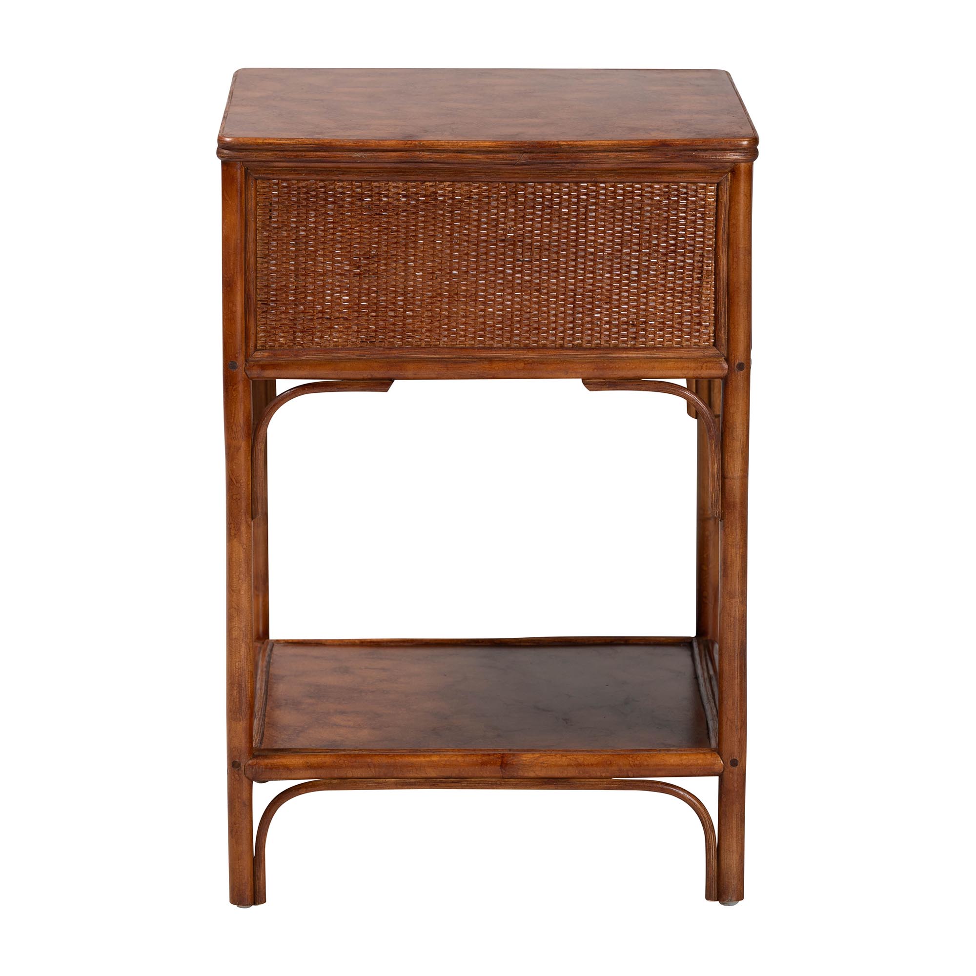 bali & pari Basile Marbled Tortoise Natural Rattan End Table - Handwoven Wicker Accent Table with Geometric Overlay Drawer and Open Shelf for Living Room