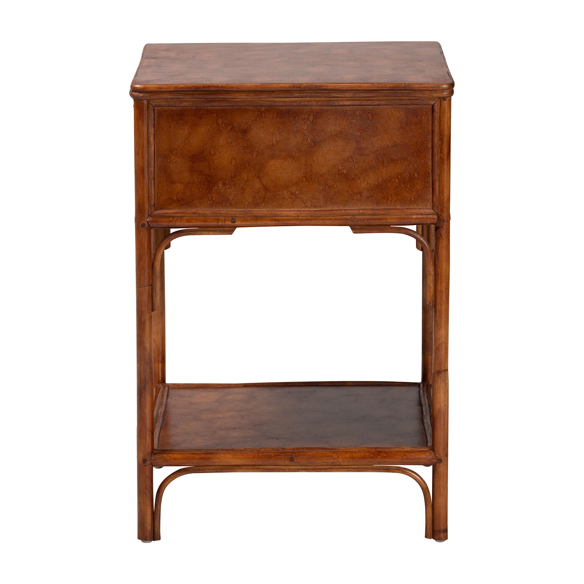 bali & pari Basile Marbled Tortoise Natural Rattan End Table - Handwoven Wicker Accent Table with Geometric Overlay Drawer and Open Shelf for Living Room