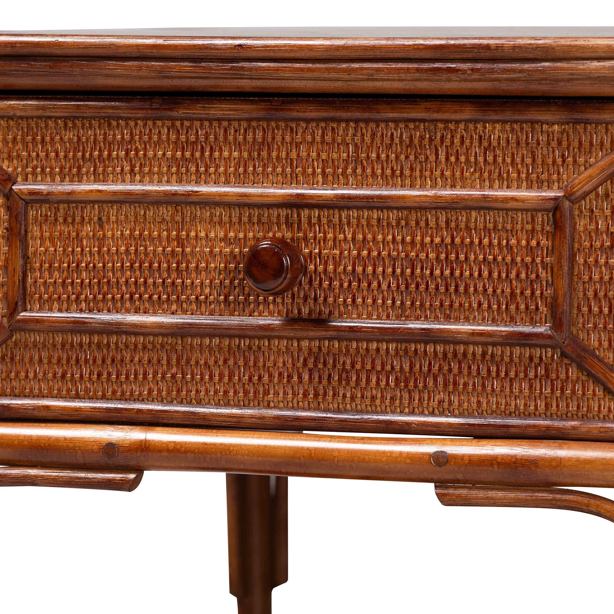 bali & pari Basile Marbled Tortoise Natural Rattan End Table - Handwoven Wicker Accent Table with Geometric Overlay Drawer and Open Shelf for Living Room