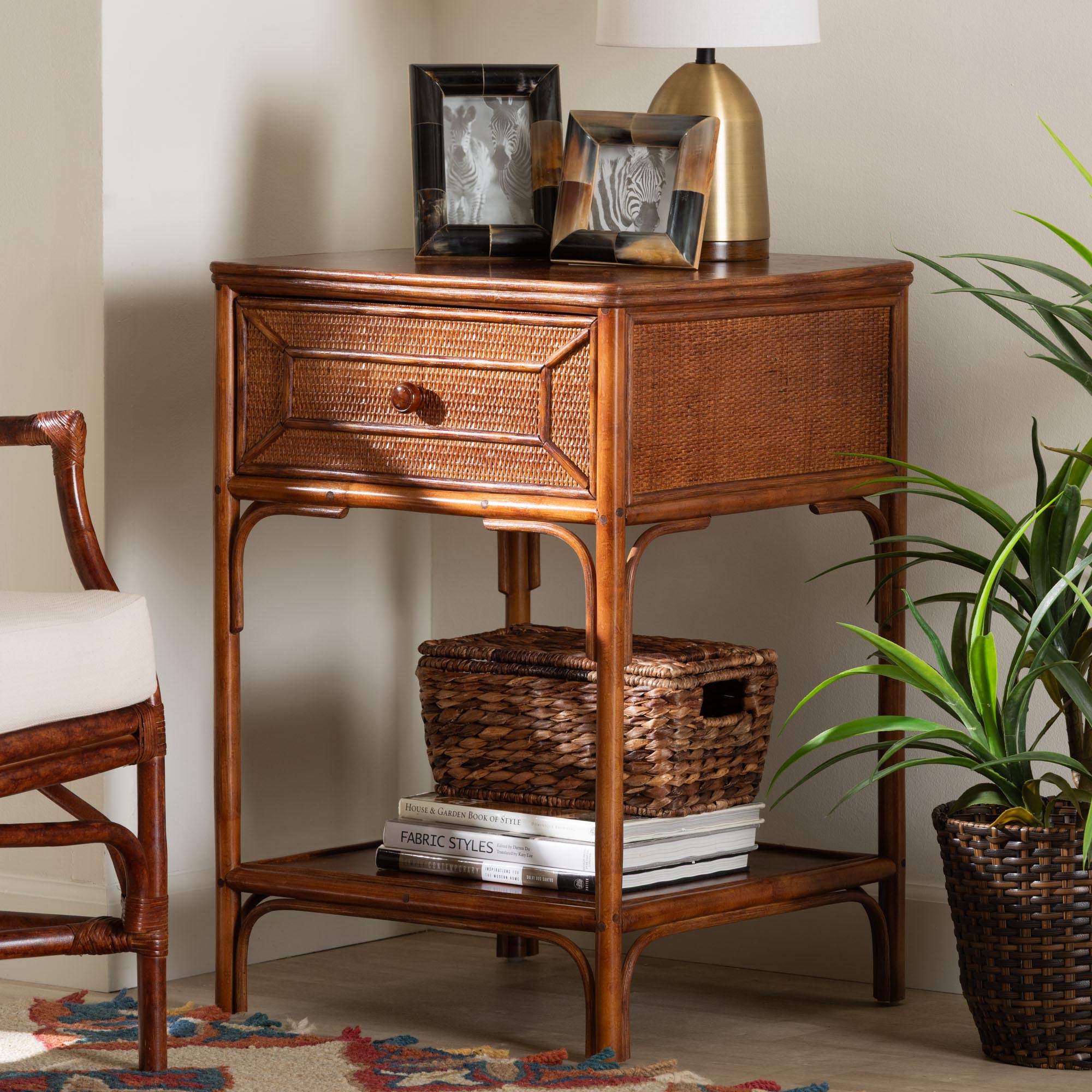 bali & pari Basile Marbled Tortoise Natural Rattan End Table - Handwoven Wicker Accent Table with Geometric Overlay Drawer and Open Shelf for Living Room