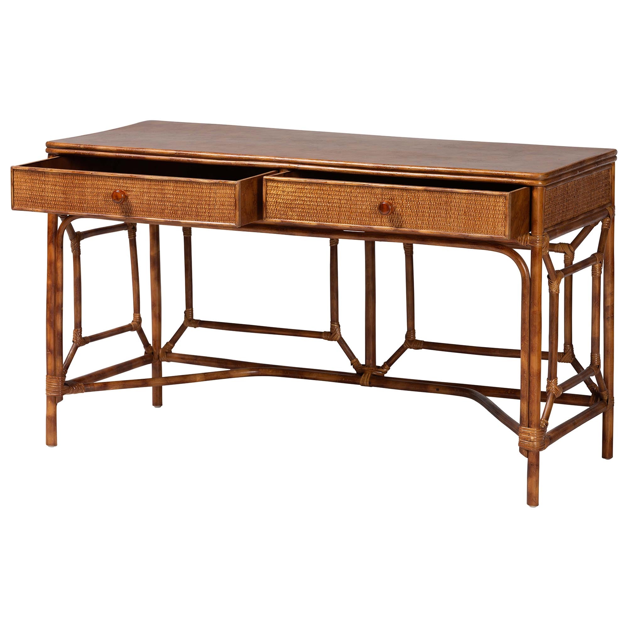 bali & pari Basile Marbled Tortoise Natural Rattan Desk - 2-Drawer Writing Desk with Open Geometric Frame and Woven Detailing for Home Office