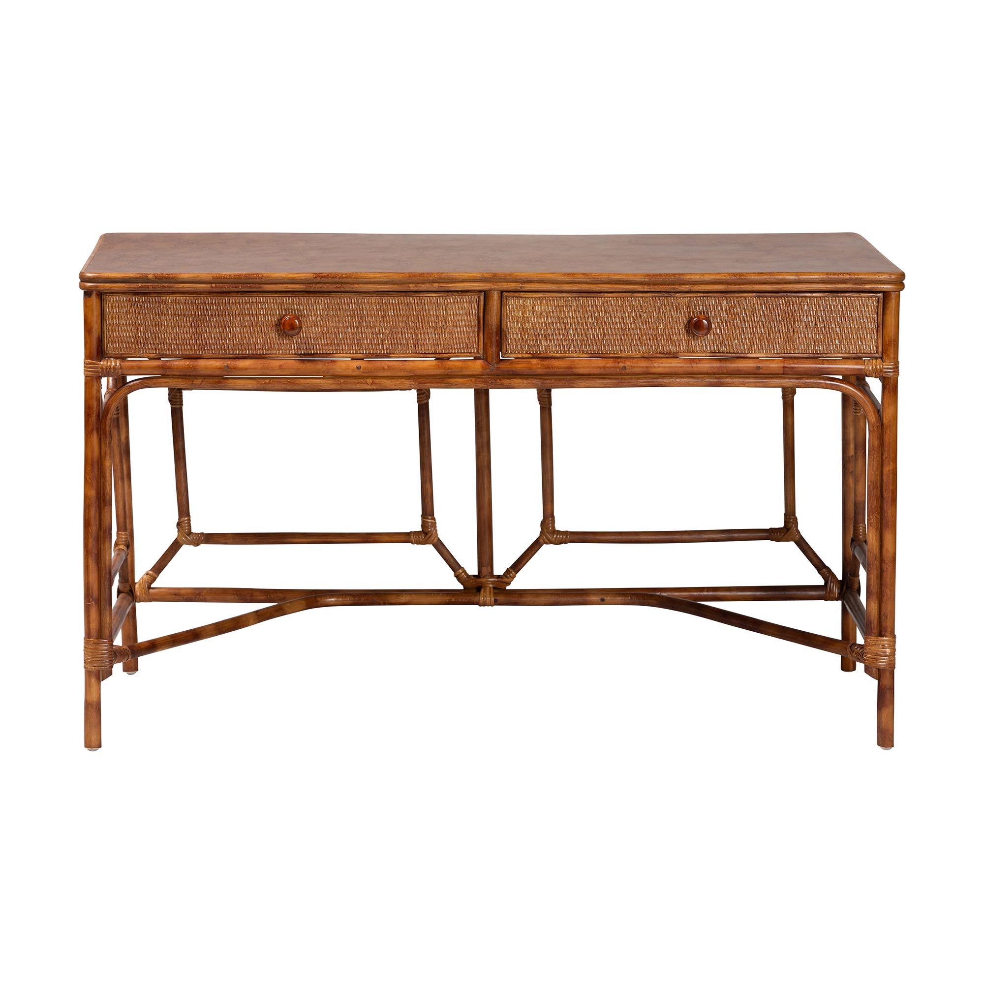 bali & pari Basile Marbled Tortoise Natural Rattan Desk - 2-Drawer Writing Desk with Open Geometric Frame and Woven Detailing for Home Office