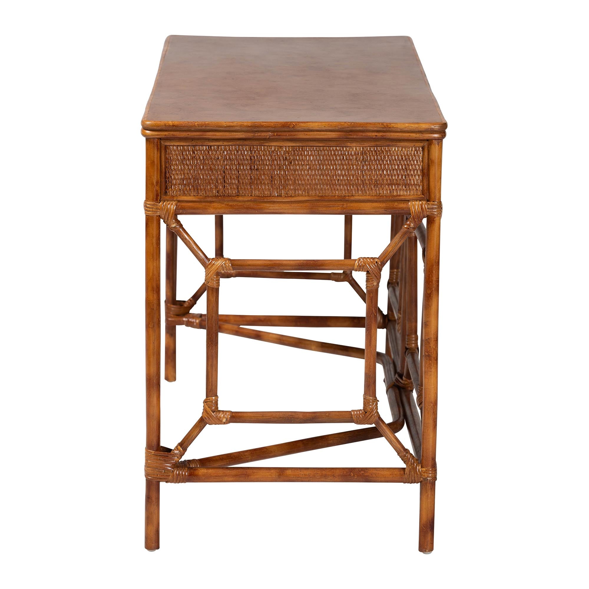 bali & pari Basile Marbled Tortoise Natural Rattan Desk - 2-Drawer Writing Desk with Open Geometric Frame and Woven Detailing for Home Office