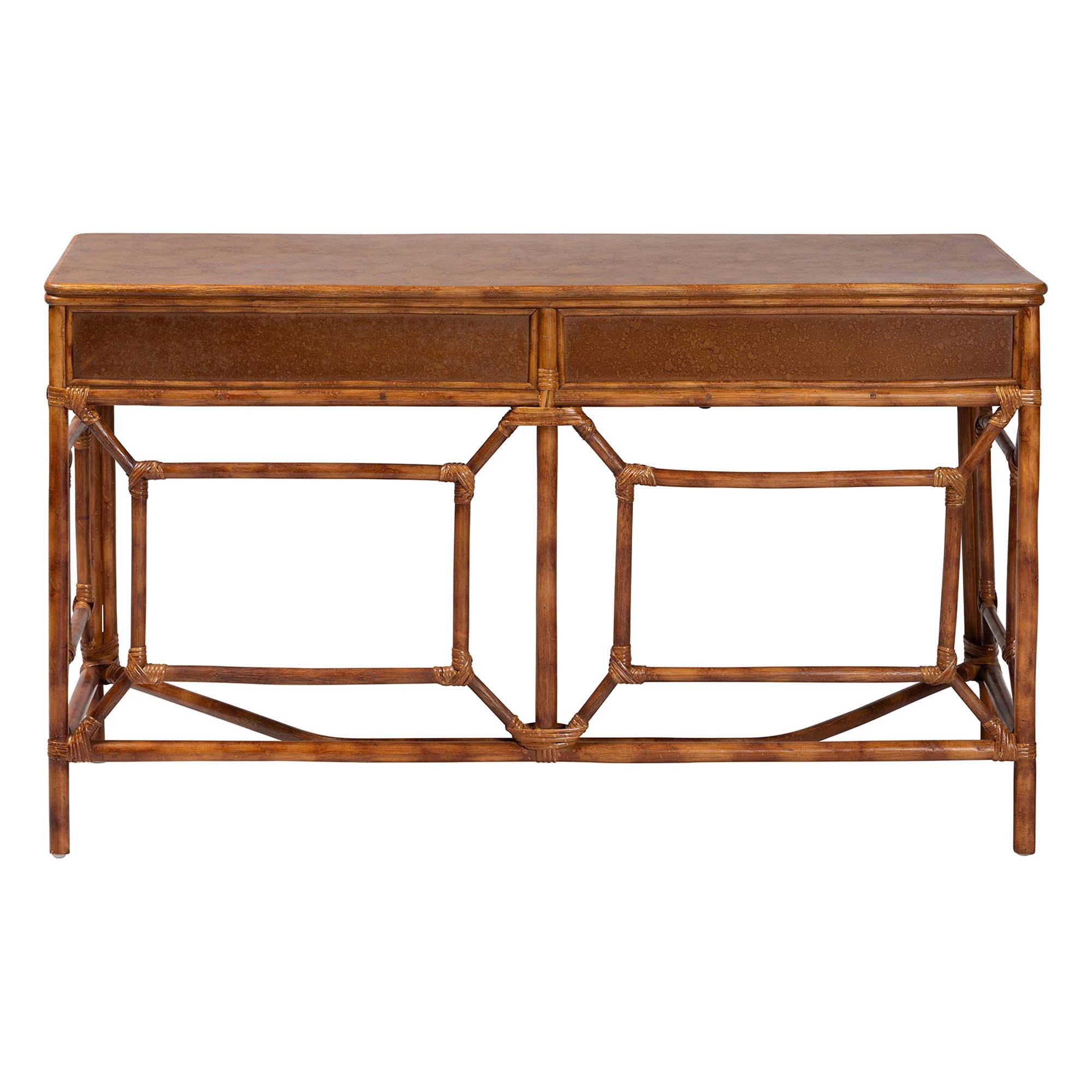 bali & pari Basile Marbled Tortoise Natural Rattan Desk - 2-Drawer Writing Desk with Open Geometric Frame and Woven Detailing for Home Office