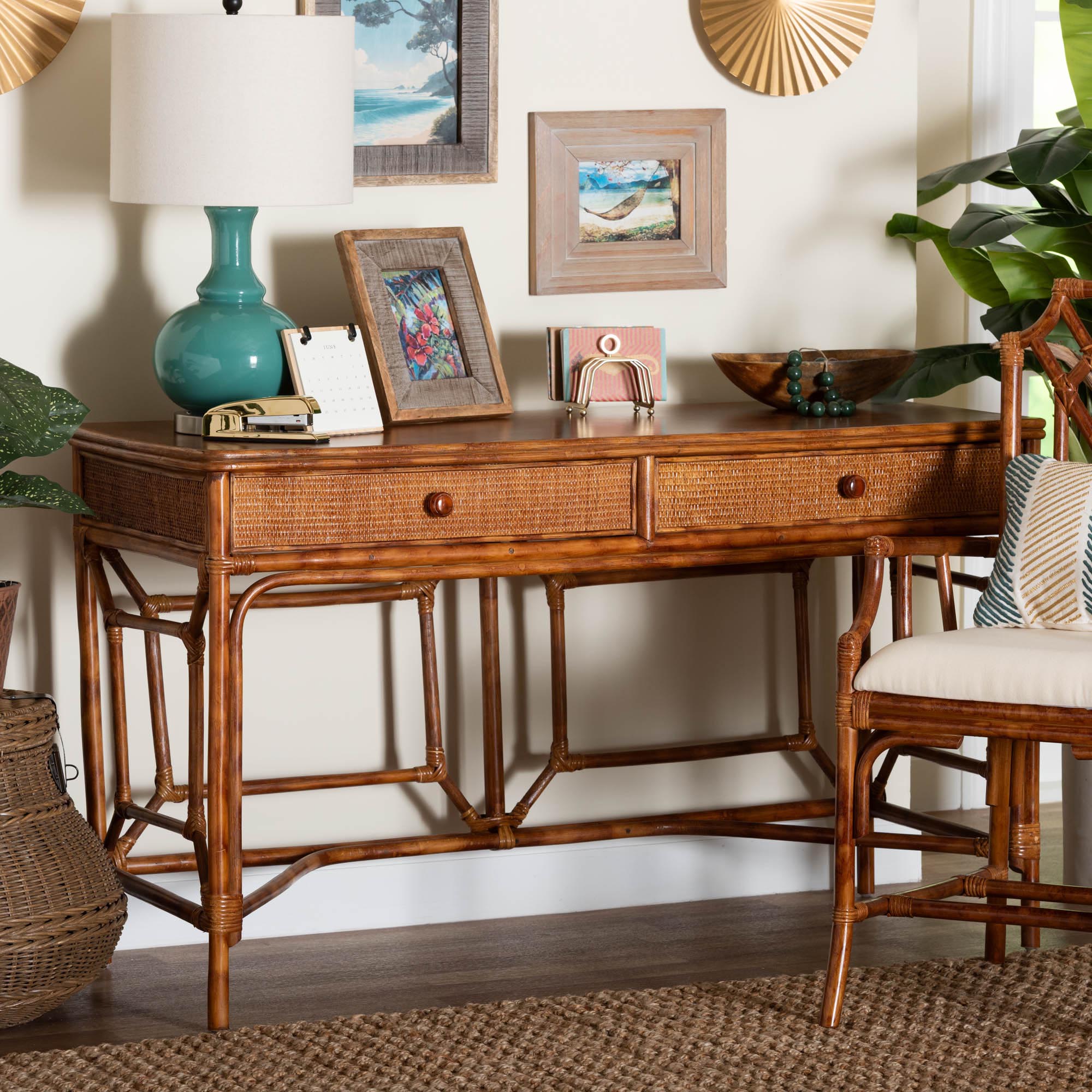 bali & pari Basile Marbled Tortoise Natural Rattan Desk - 2-Drawer Writing Desk with Open Geometric Frame and Woven Detailing for Home Office