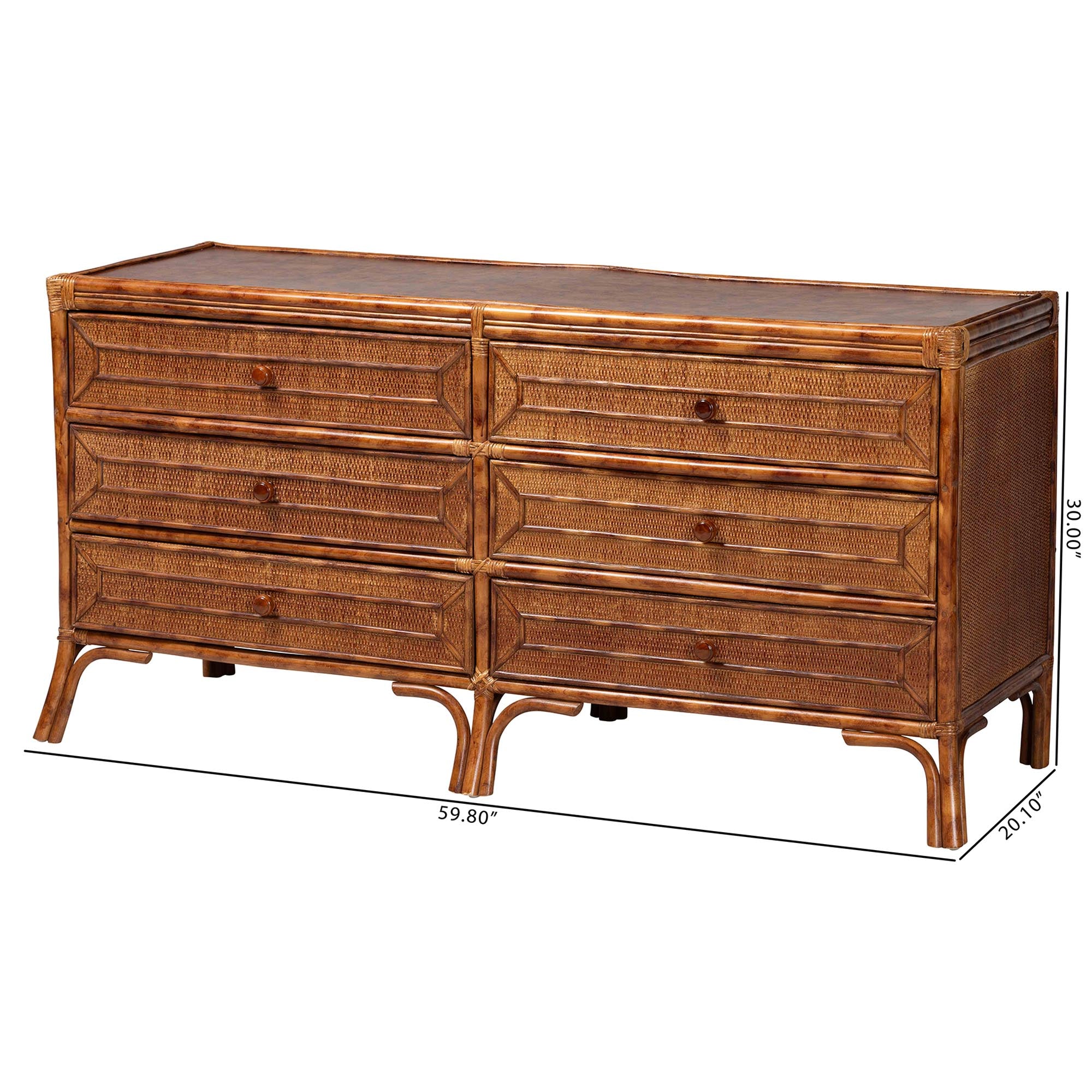bali & pari Basile Marbled Tortoise Natural Rattan Dresser - 6-Drawer Horizontal Storage Cabinet with Geometric Overlay for Bedroom