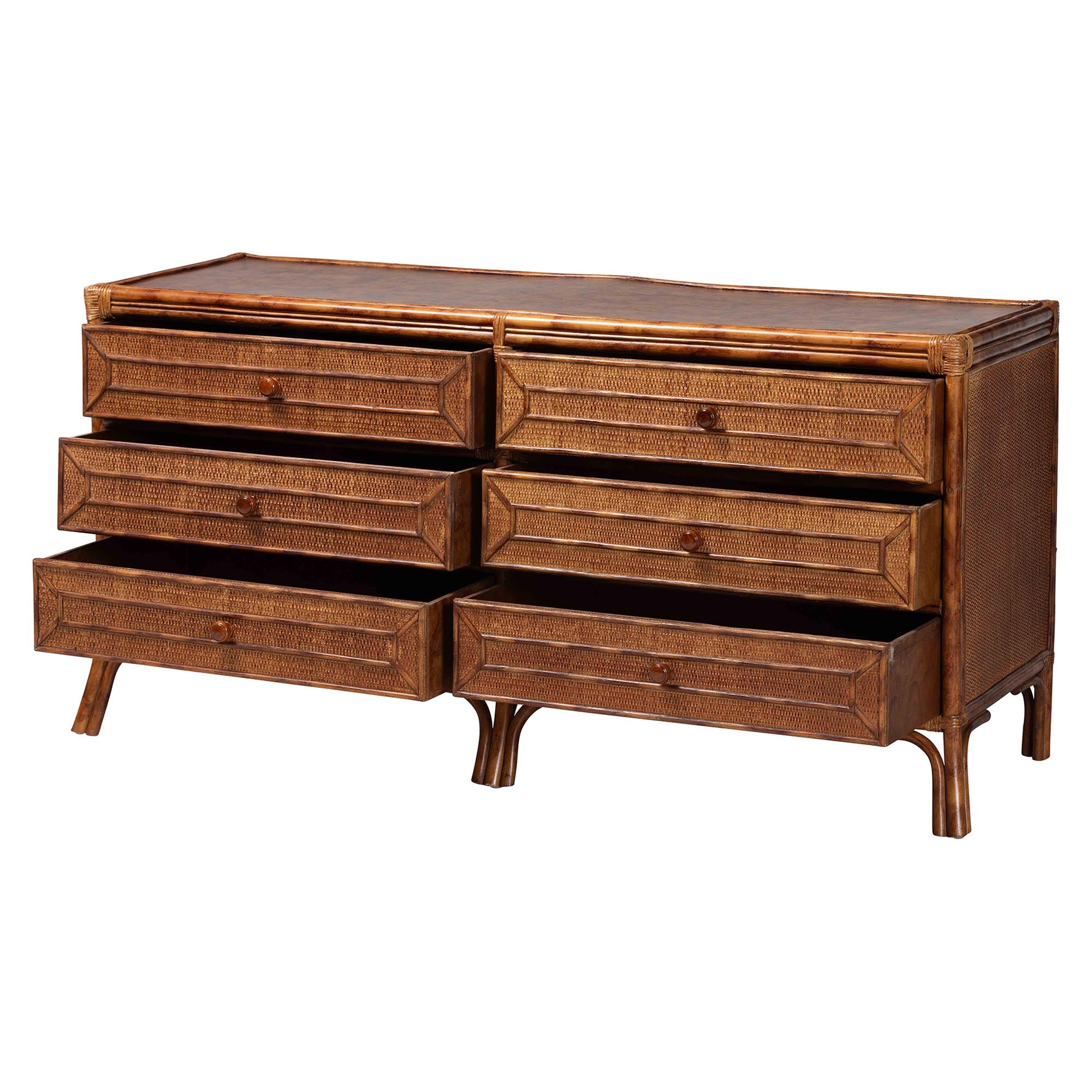 bali & pari Basile Marbled Tortoise Natural Rattan Dresser - 6-Drawer Horizontal Storage Cabinet with Geometric Overlay for Bedroom