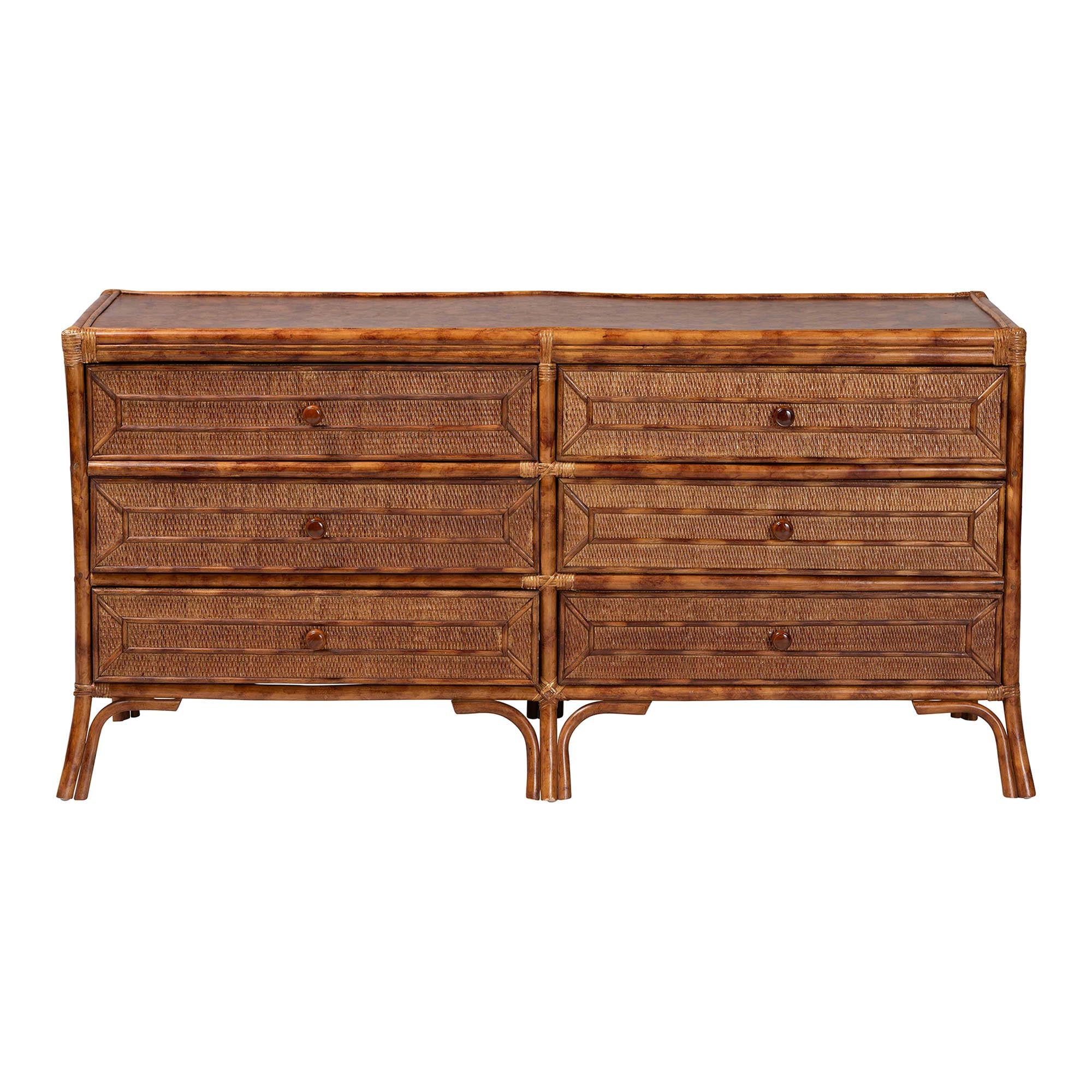 bali & pari Basile Marbled Tortoise Natural Rattan Dresser - 6-Drawer Horizontal Storage Cabinet with Geometric Overlay for Bedroom