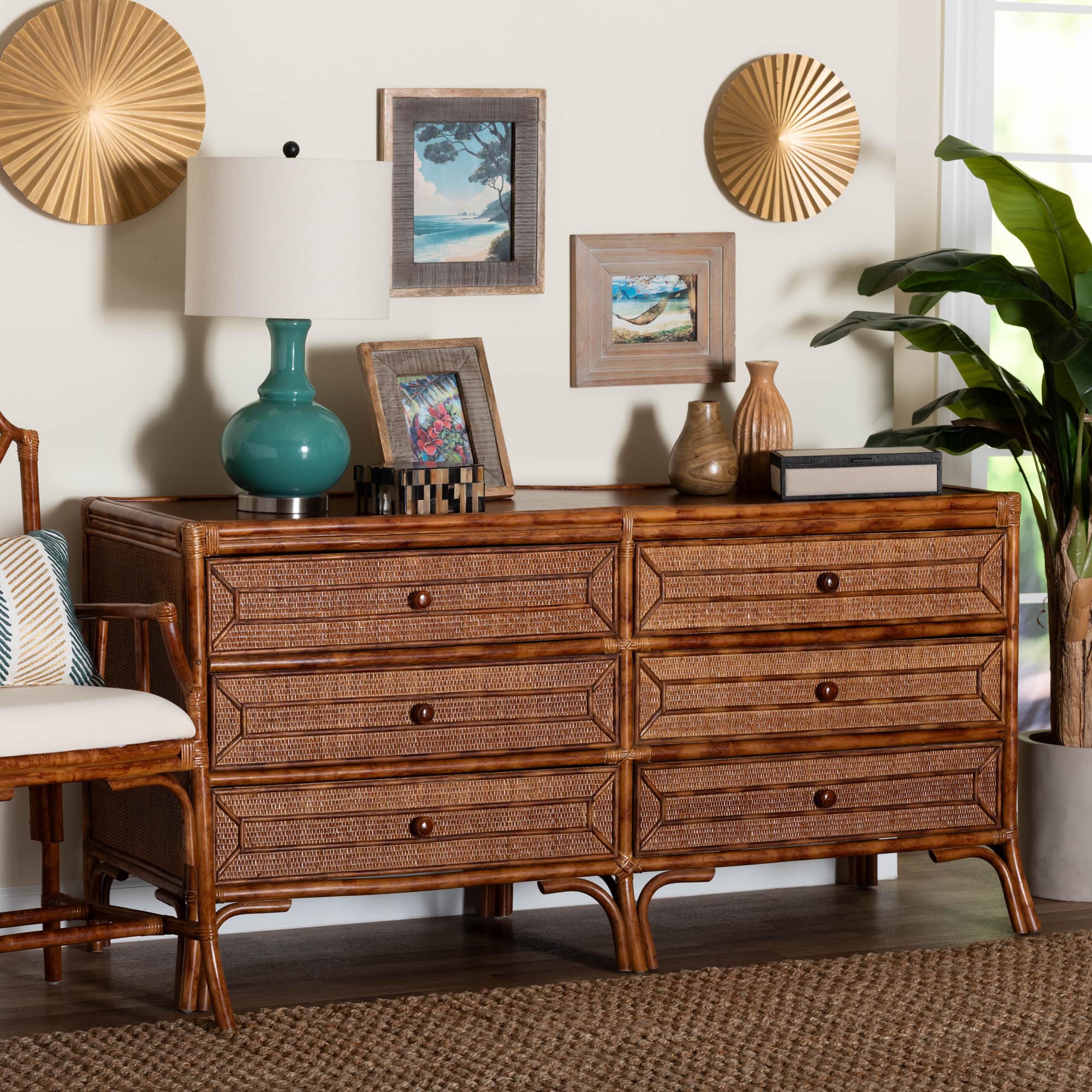 bali & pari Basile Marbled Tortoise Natural Rattan Dresser - 6-Drawer Horizontal Storage Cabinet with Geometric Overlay for Bedroom