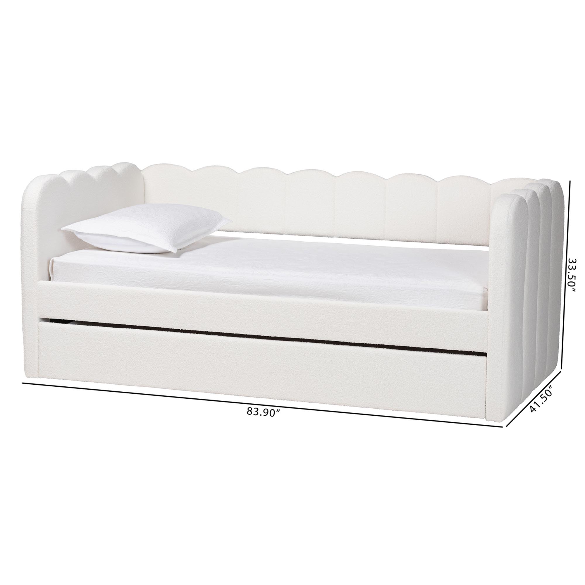 Baxton Studio Palmer Cream Teddy-Bear Fabric Daybed with Rolling Trundle - Scalloped Edge Daybed with Plush Upholstery, Modern Sofa Bed for Bedroom or Guest Room, Twin