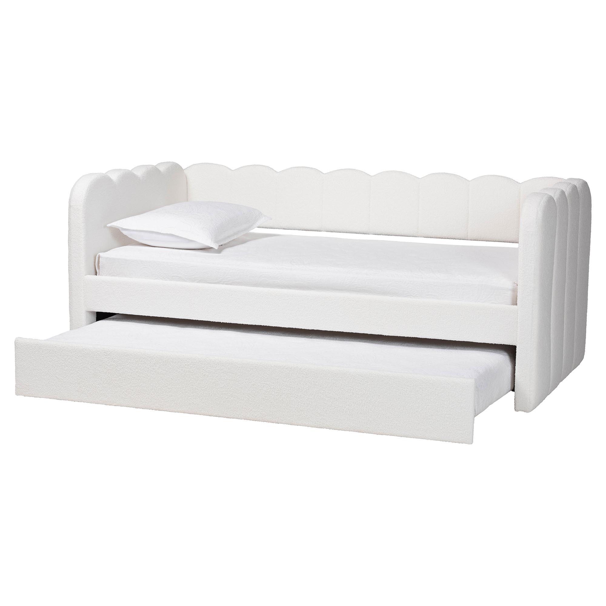 Baxton Studio Palmer Cream Teddy-Bear Fabric Daybed with Rolling Trundle - Scalloped Edge Daybed with Plush Upholstery, Modern Sofa Bed for Bedroom or Guest Room, Twin