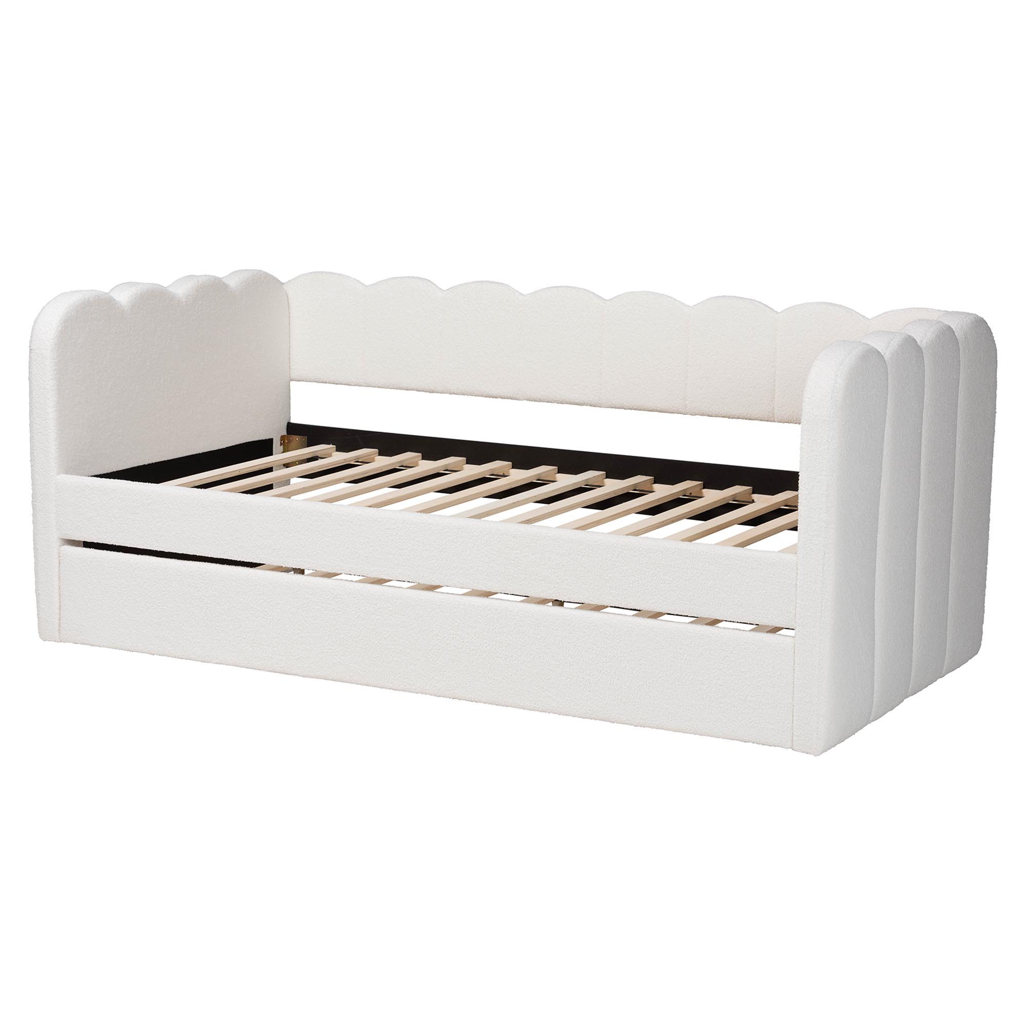 Baxton Studio Palmer Cream Teddy-Bear Fabric Daybed with Rolling Trundle - Scalloped Edge Daybed with Plush Upholstery, Modern Sofa Bed for Bedroom or Guest Room, Twin