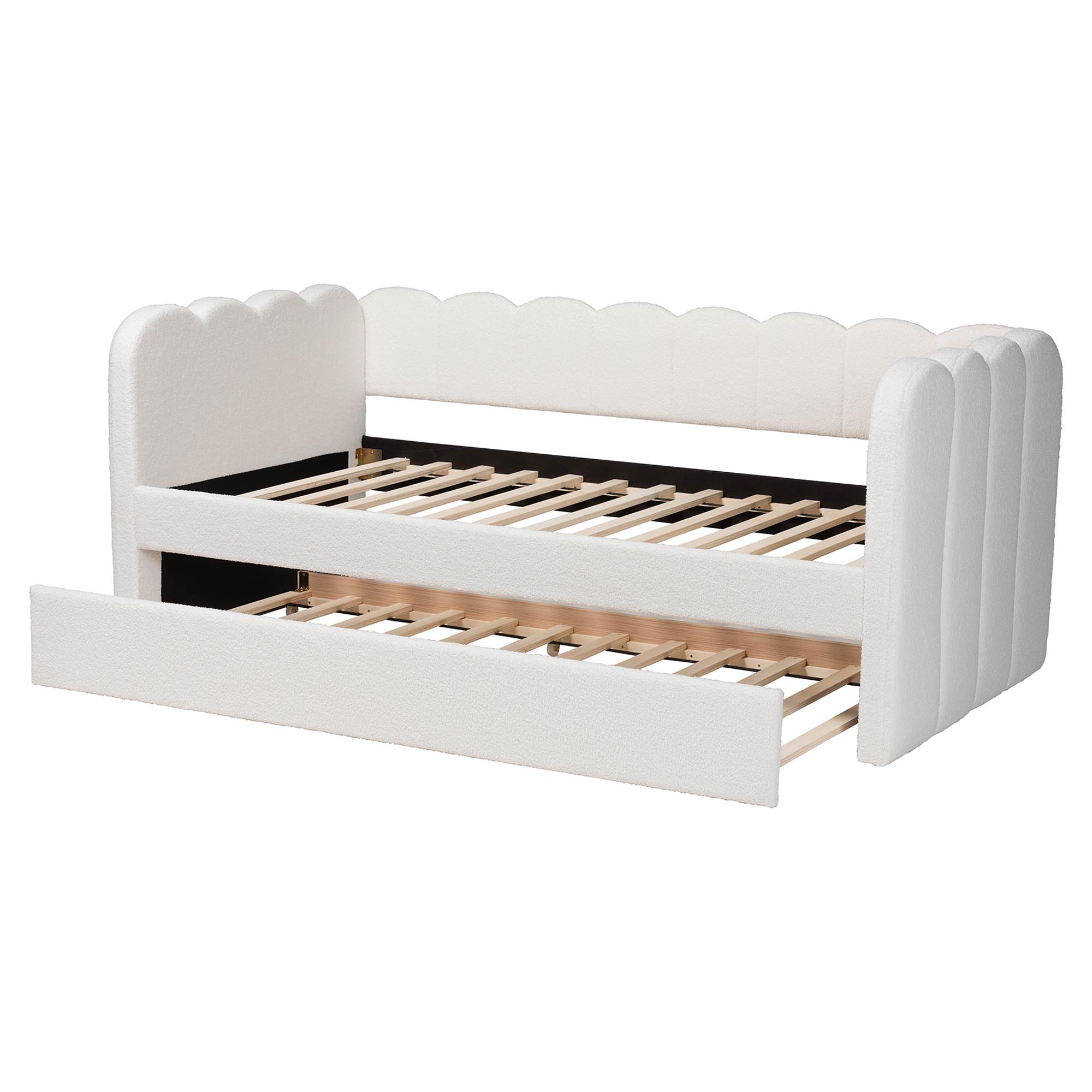 Baxton Studio Palmer Cream Teddy-Bear Fabric Daybed with Rolling Trundle - Scalloped Edge Daybed with Plush Upholstery, Modern Sofa Bed for Bedroom or Guest Room, Twin