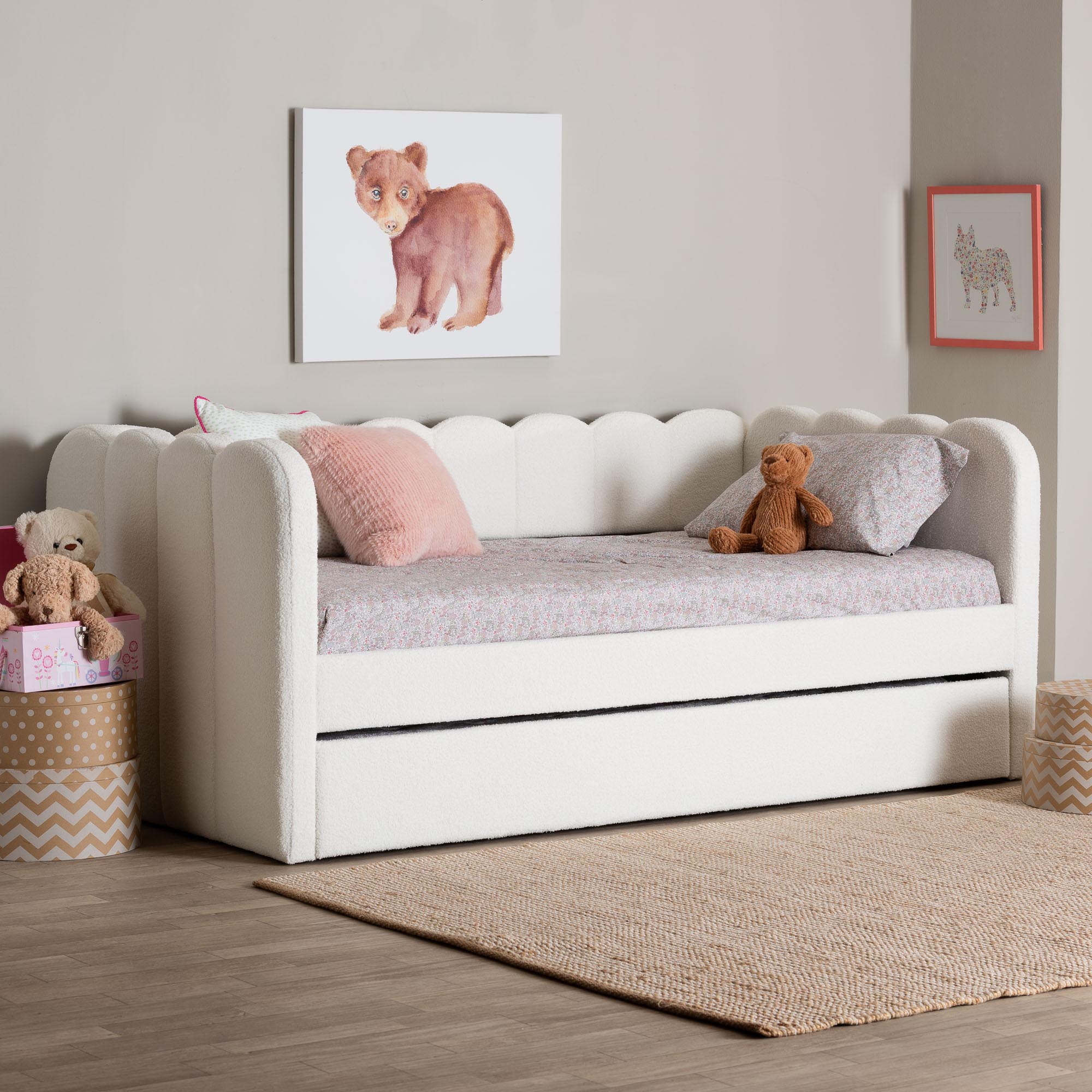 Baxton Studio Palmer Cream Teddy-Bear Fabric Daybed with Rolling Trundle - Scalloped Edge Daybed with Plush Upholstery, Modern Sofa Bed for Bedroom or Guest Room, Twin
