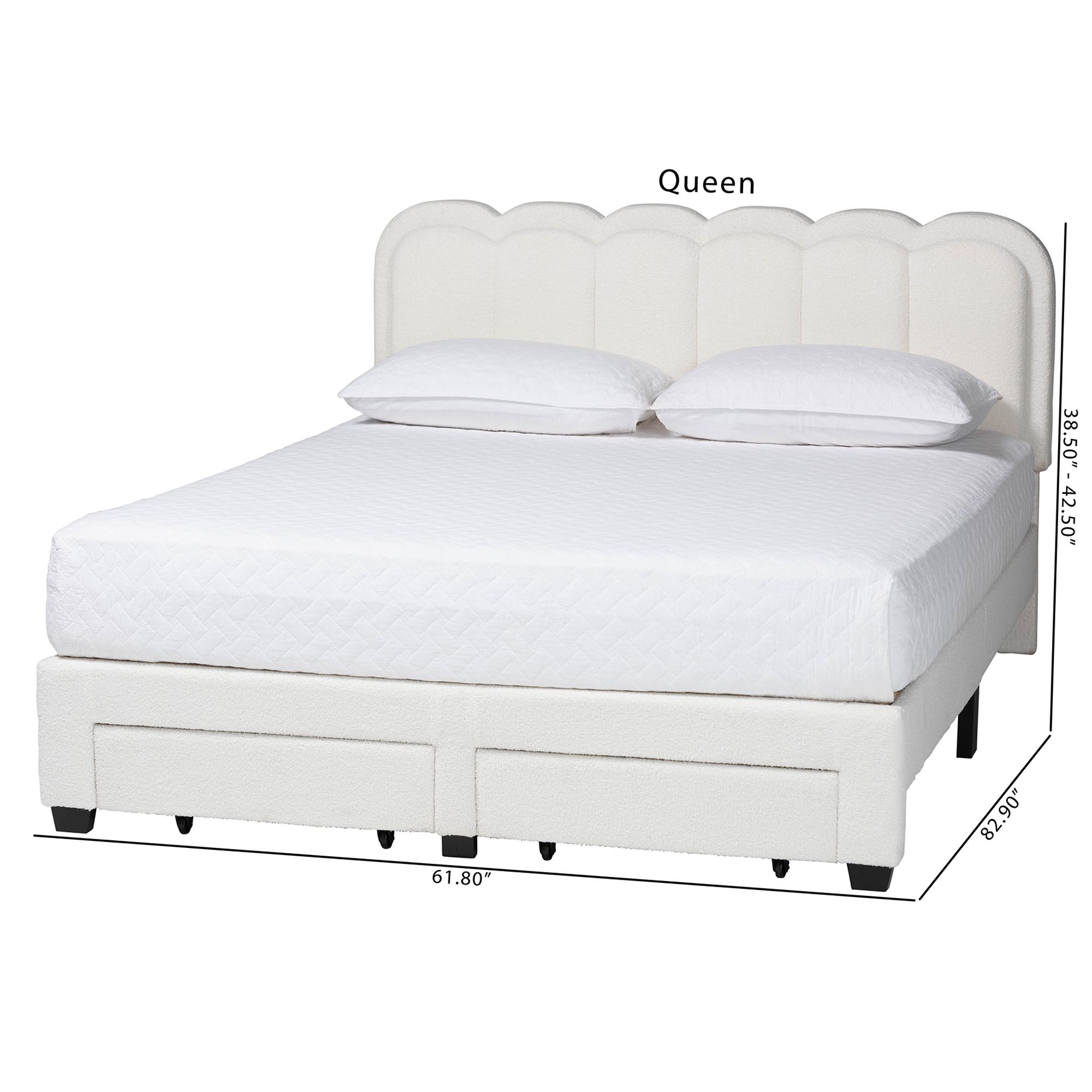 Baxton Studio Caradonna Cream Teddy-Bear Fabric Bed with Storage Drawers - Fully Upholstered Platform Bed with Scalloped Headboard, Queen