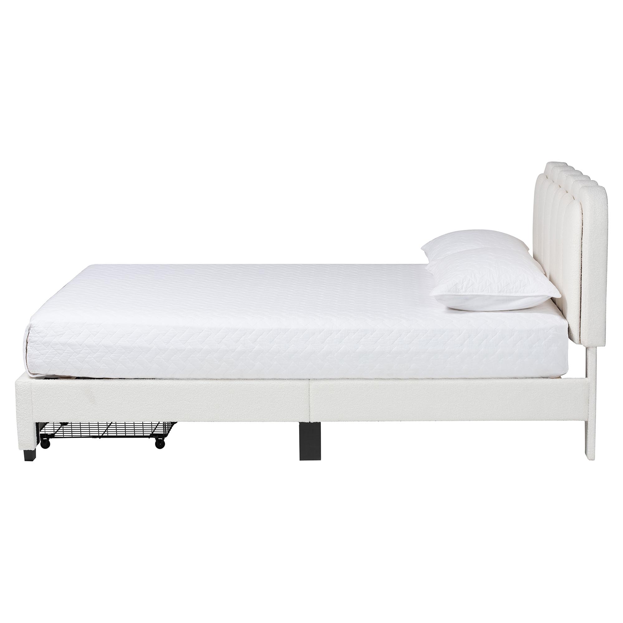 Baxton Studio Caradonna Cream Teddy-Bear Fabric Bed with Storage Drawers - Fully Upholstered Platform Bed with Scalloped Headboard, Queen