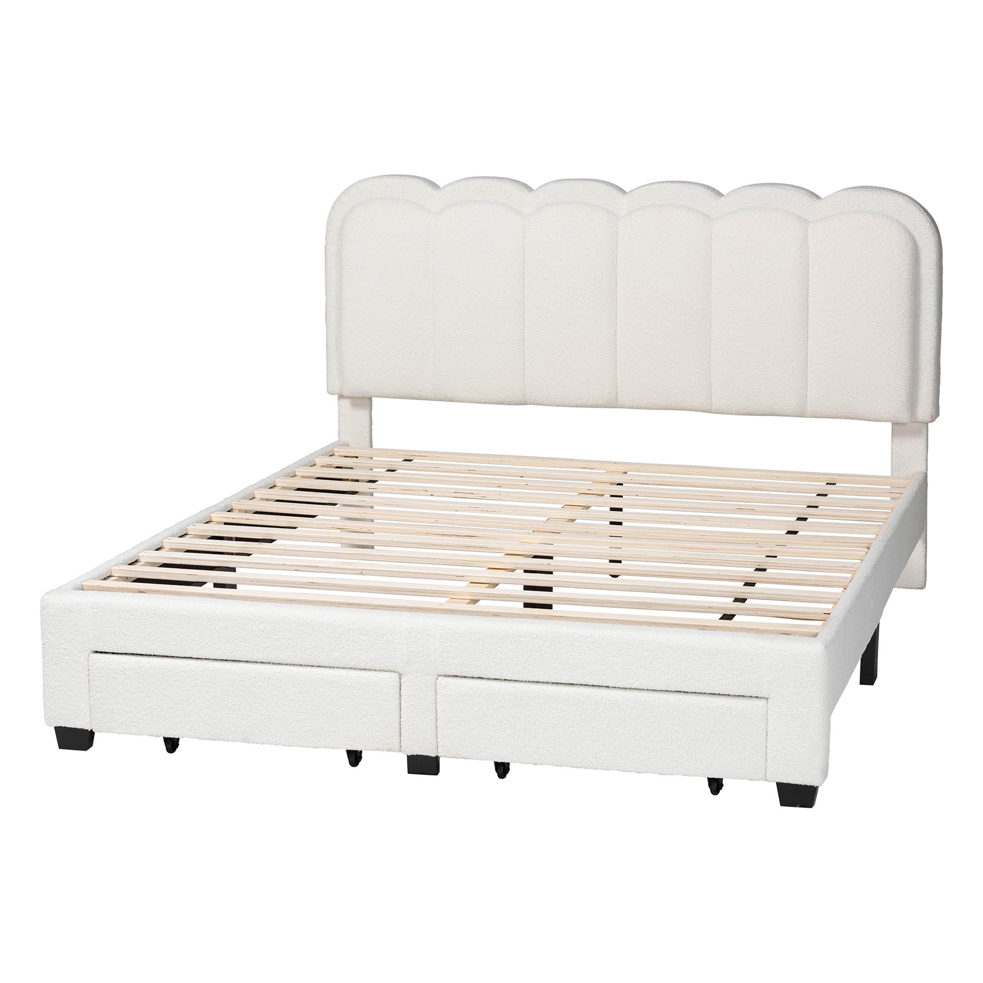 Baxton Studio Caradonna Cream Teddy-Bear Fabric Bed with Storage Drawers - Fully Upholstered Platform Bed with Scalloped Headboard, Queen