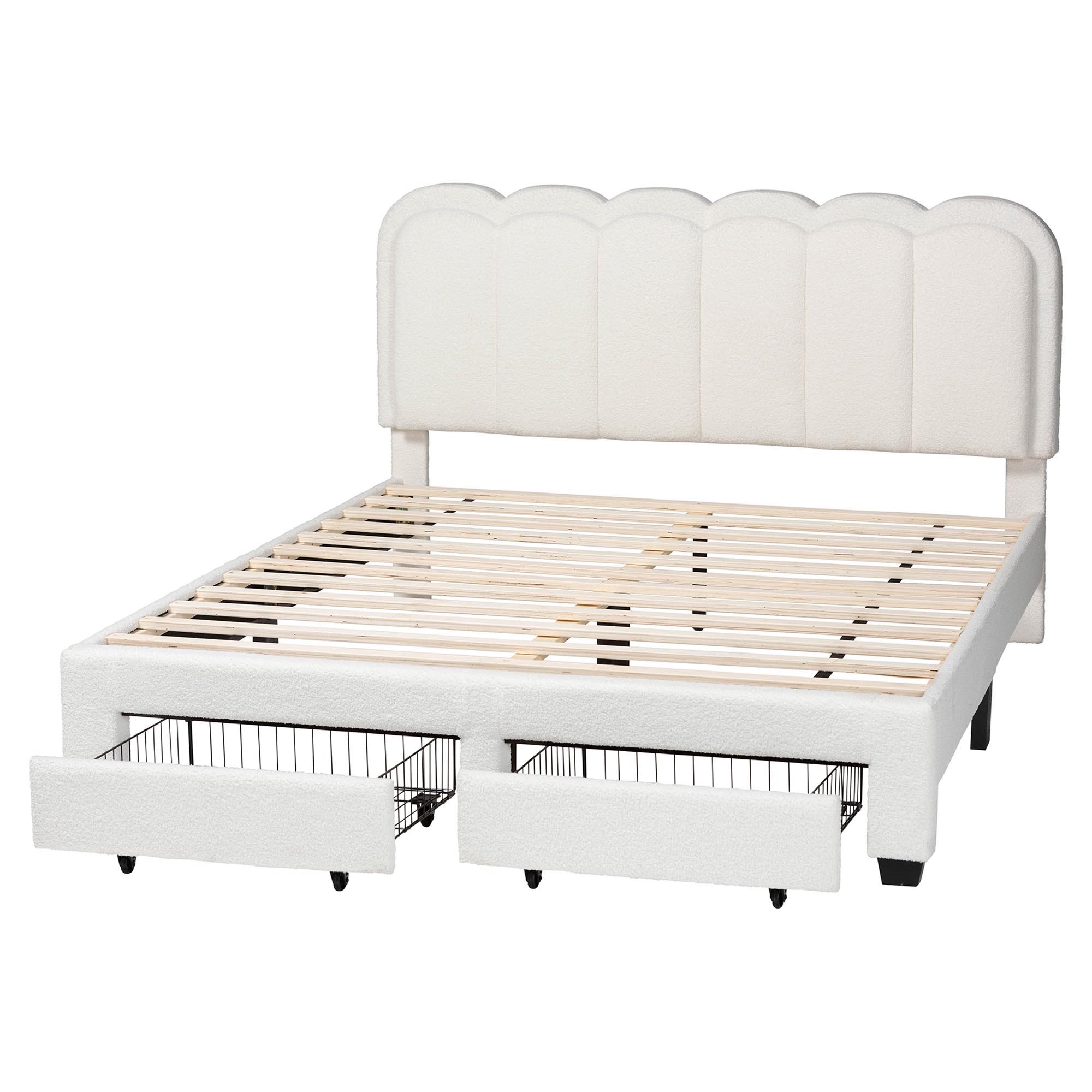 Baxton Studio Caradonna Cream Teddy-Bear Fabric Bed with Storage Drawers - Fully Upholstered Platform Bed with Scalloped Headboard, Queen