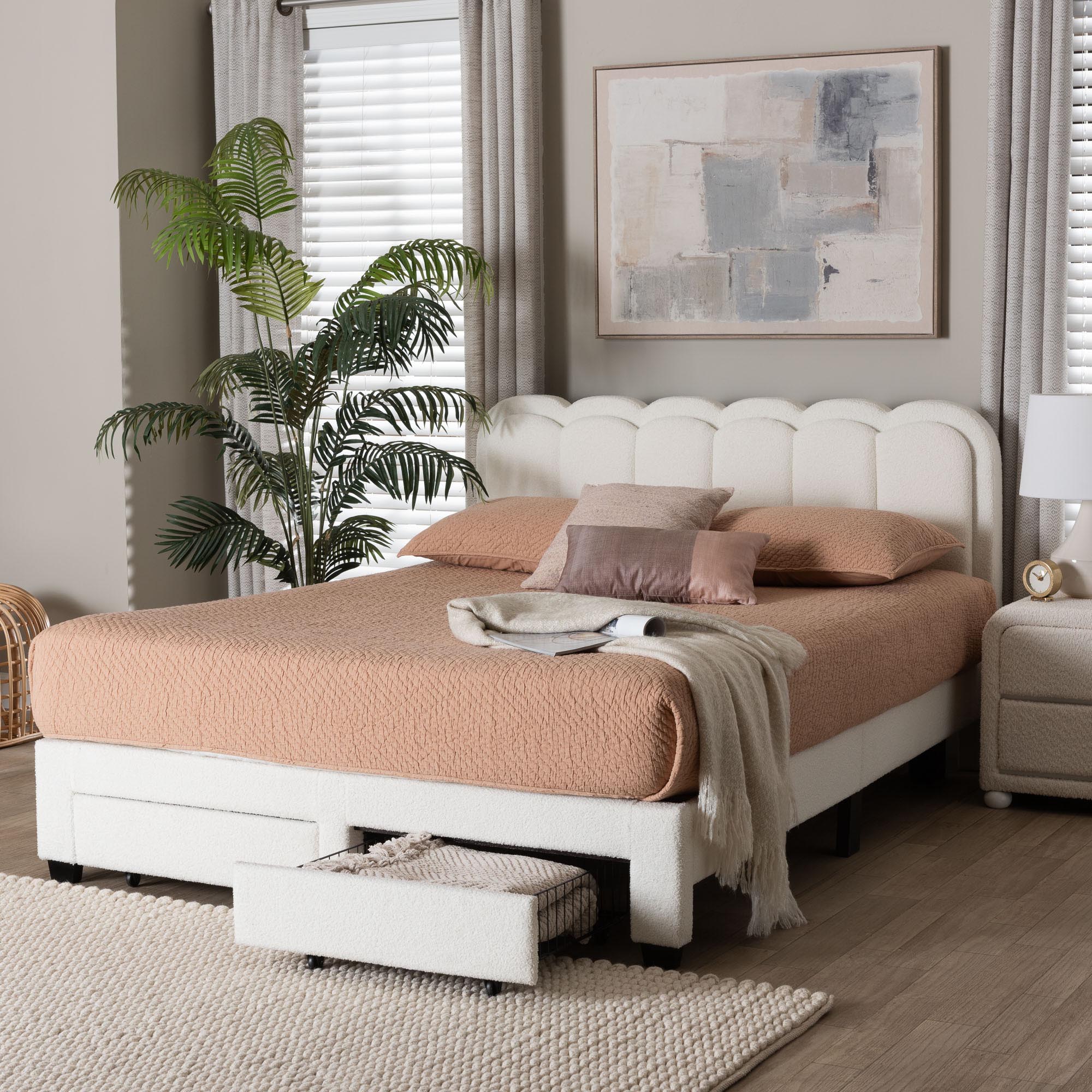 Baxton Studio Caradonna Cream Teddy-Bear Fabric Bed with Storage Drawers - Fully Upholstered Platform Bed with Scalloped Headboard, Queen