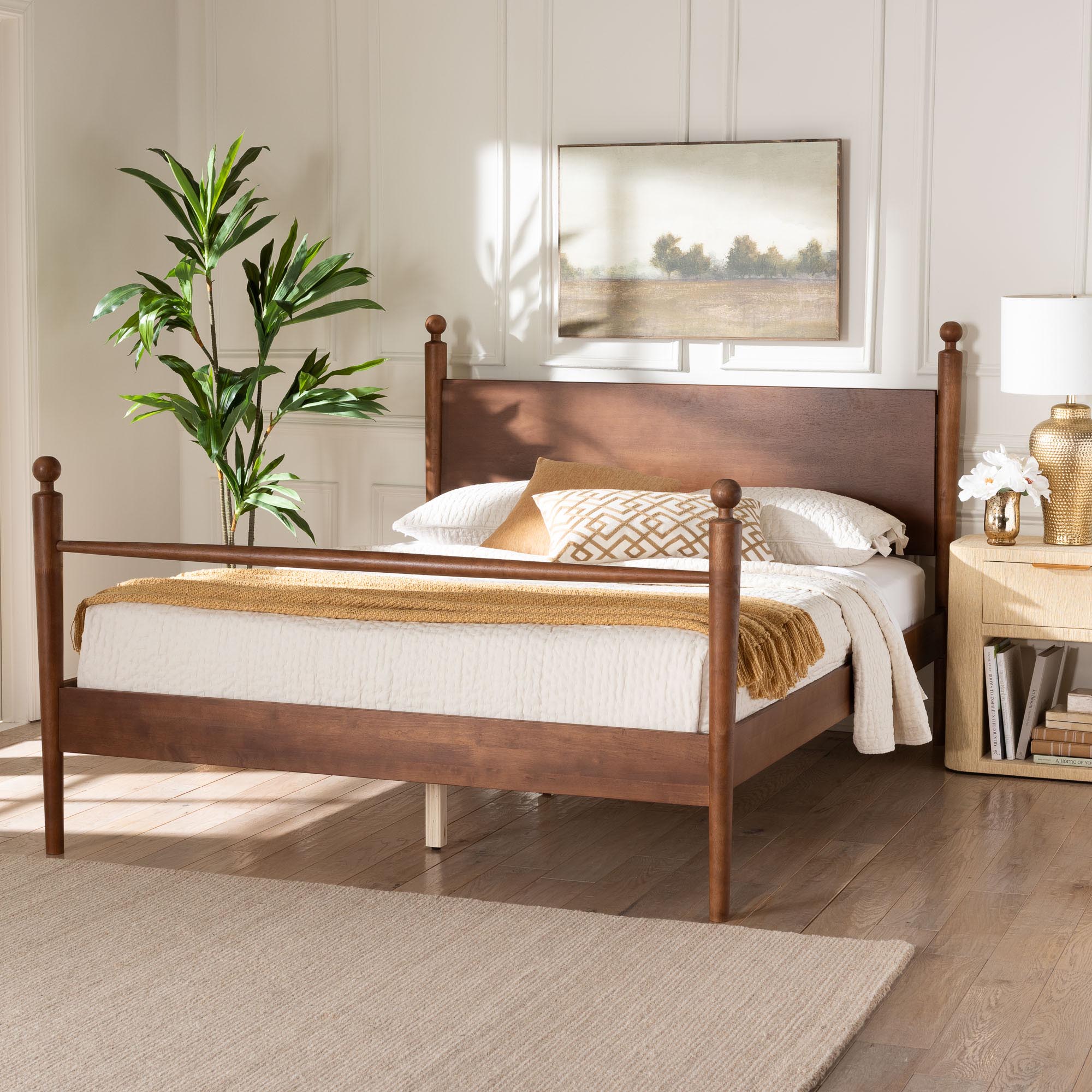 Baxton Studio Gianetta Wood Platform Bed - Traditional Poster Bed Frame with Panel Headboard and Low Profile Footboard, Classic Bedroom Furniture, Queen