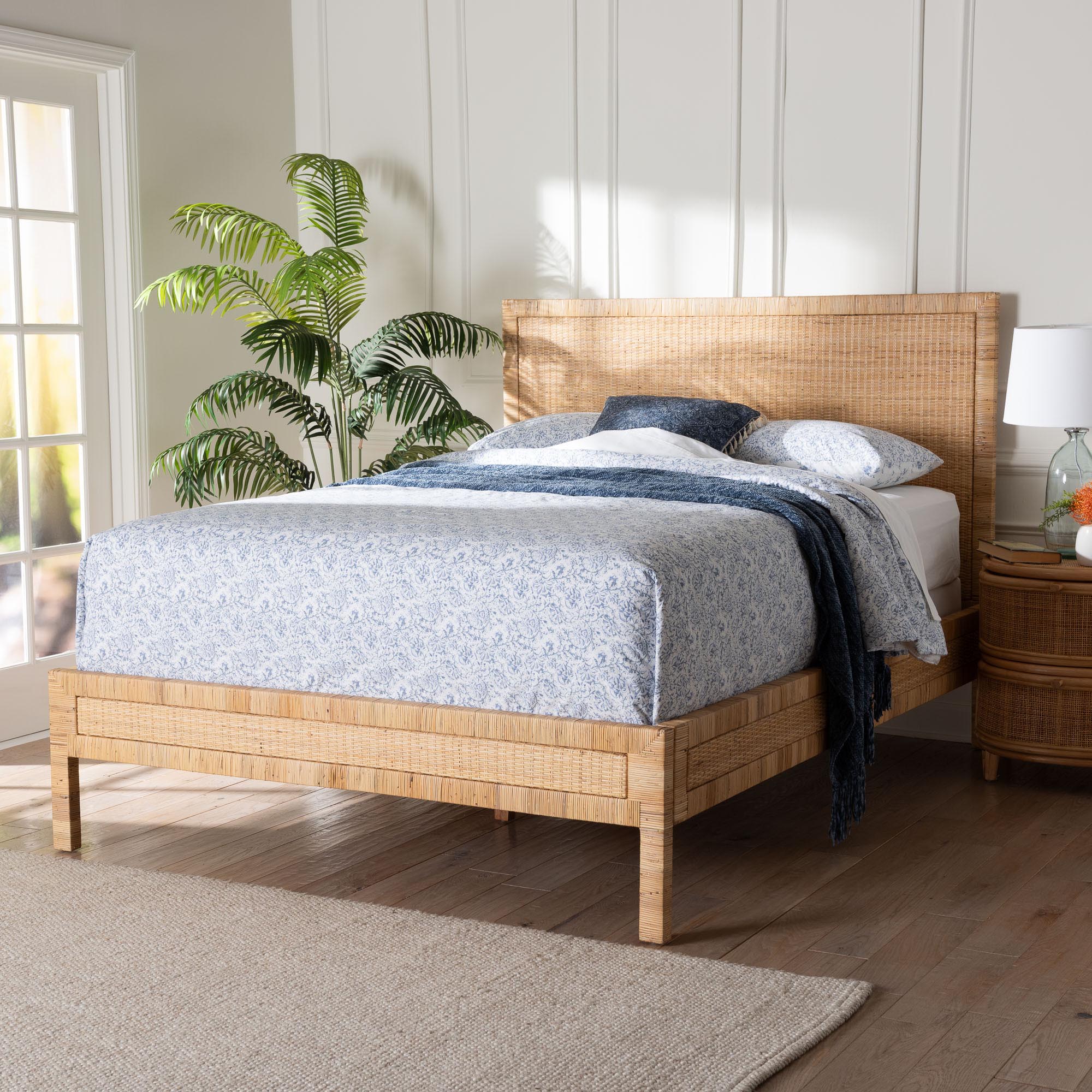 bali & pari Kalimantan Natural Rattan Bed - Coastal Boho Style Bed Frame with Woven Detailing, Queen