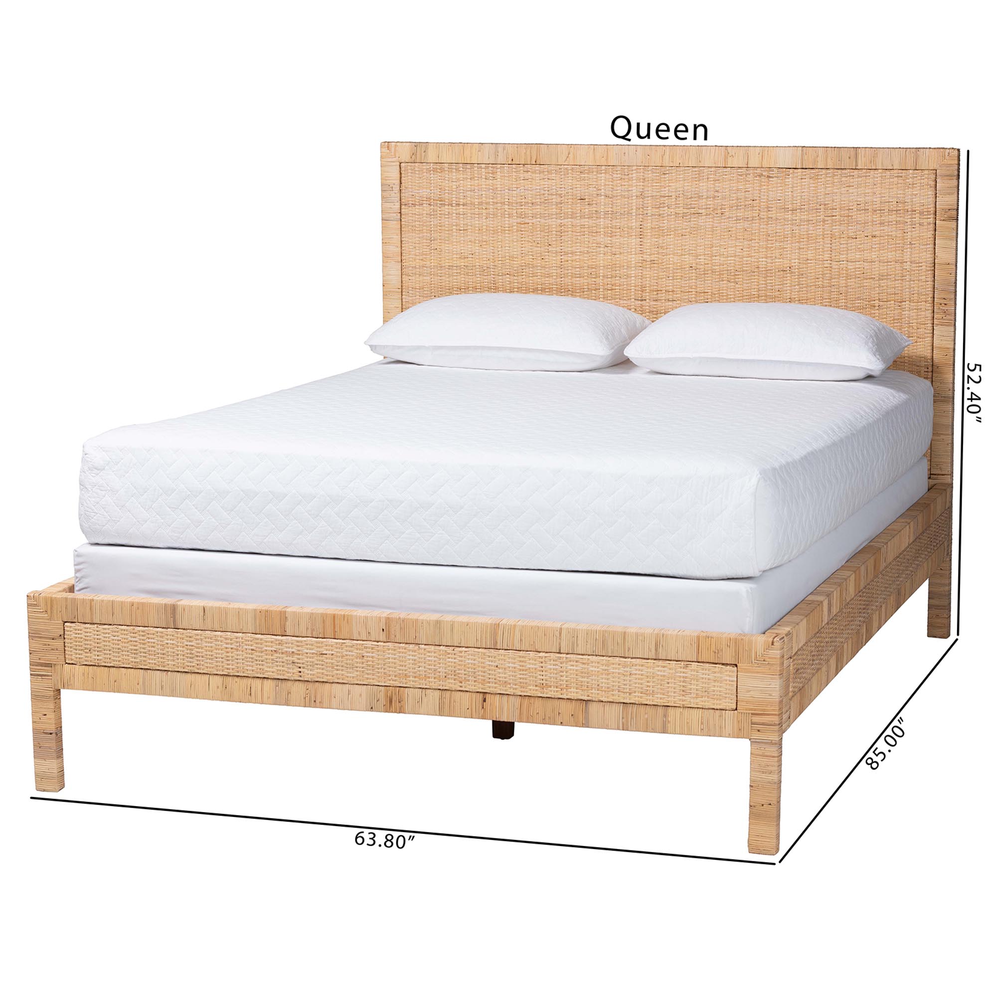 bali & pari Kalimantan Natural Rattan Bed - Coastal Boho Style Bed Frame with Woven Detailing, Queen