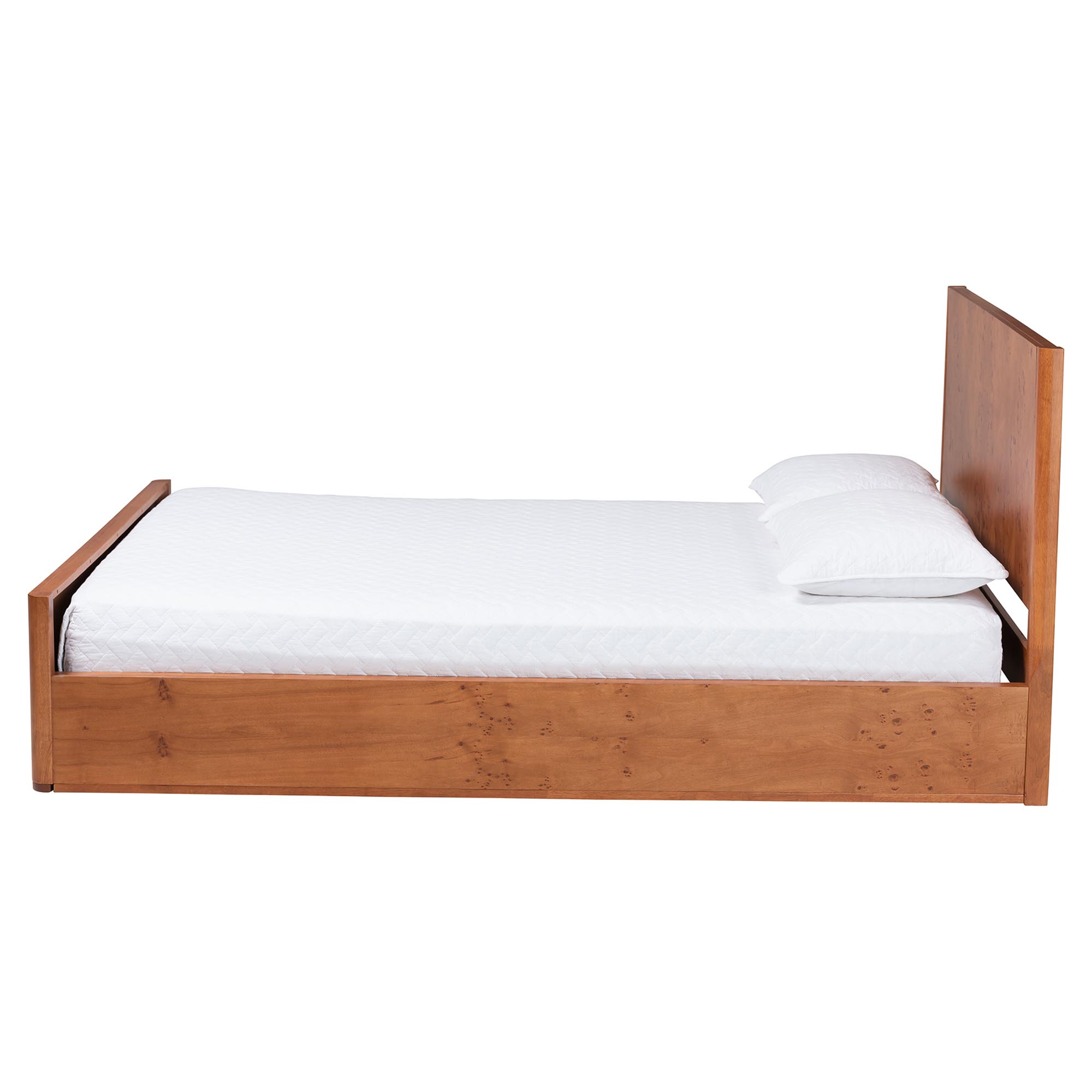 bali & pari Fuentes Real Burl Wood Bed Frame - Modern Low-Profile Platform Bed with Accent Footboard, Mid-Century Inspired Bedroom Furniture, Queen