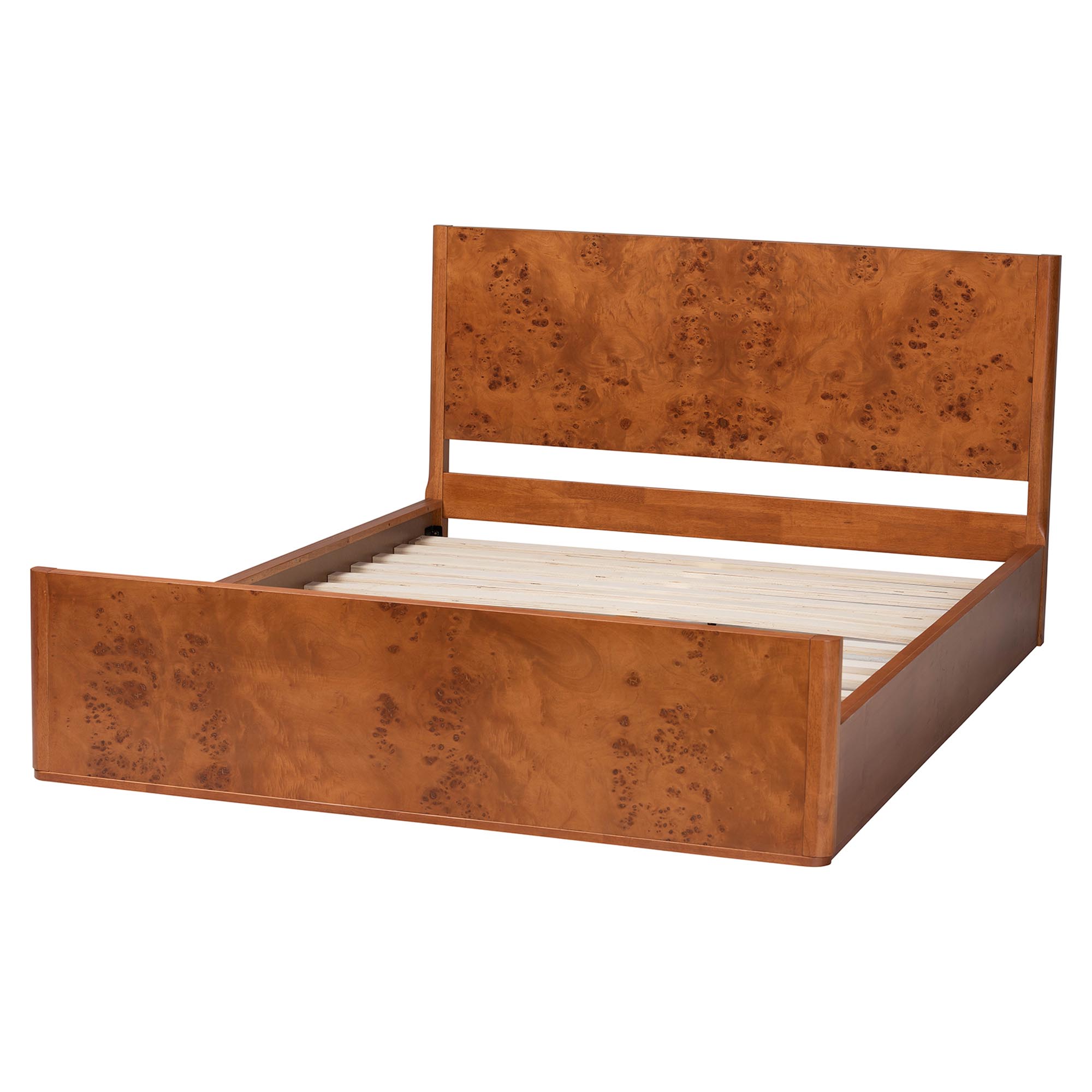 bali & pari Fuentes Real Burl Wood Bed Frame - Modern Low-Profile Platform Bed with Accent Footboard, Mid-Century Inspired Bedroom Furniture, Queen