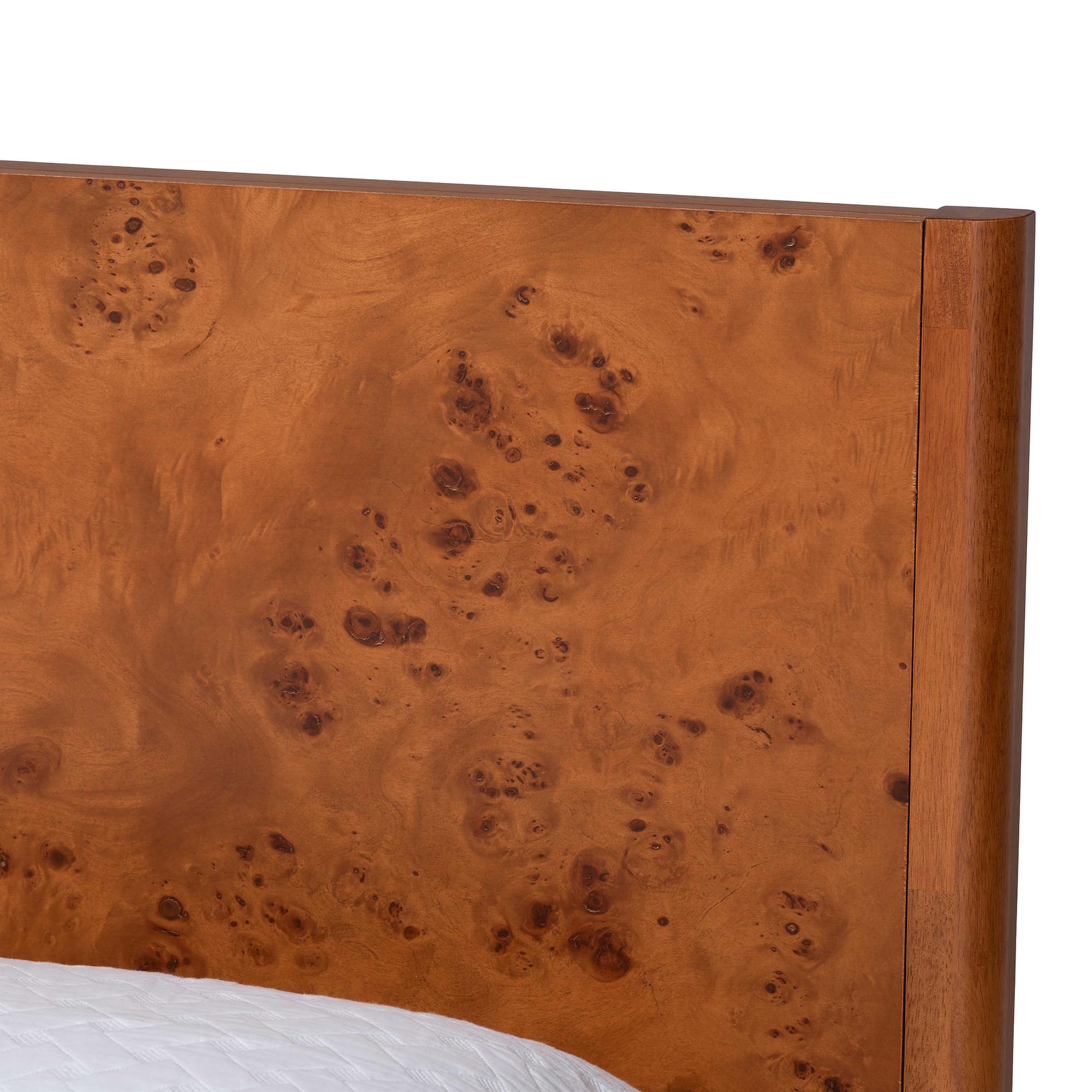 bali & pari Fuentes Real Burl Wood Bed Frame - Modern Low-Profile Platform Bed with Accent Footboard, Mid-Century Inspired Bedroom Furniture, Queen