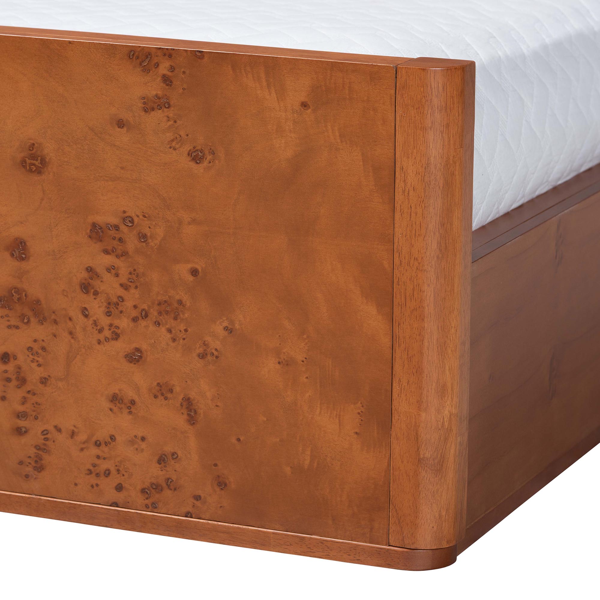 bali & pari Fuentes Real Burl Wood Bed Frame - Modern Low-Profile Platform Bed with Accent Footboard, Mid-Century Inspired Bedroom Furniture, Queen