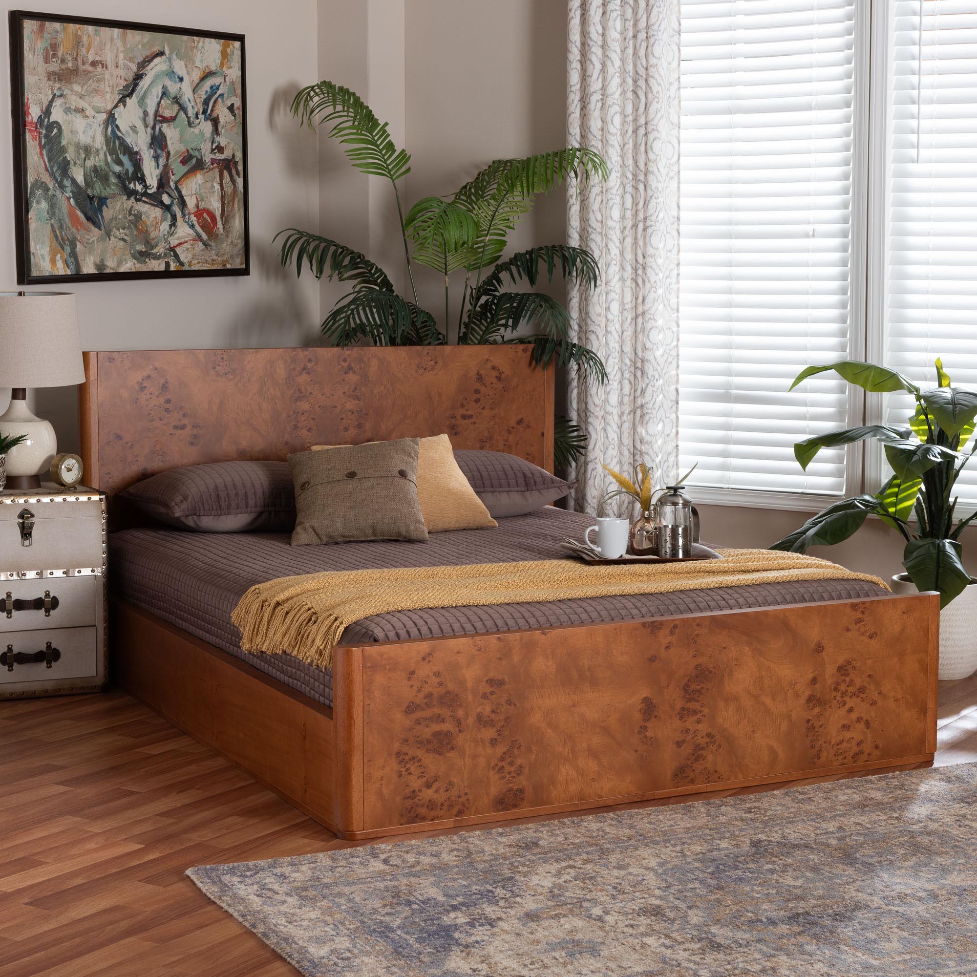 bali & pari Fuentes Real Burl Wood Bed Frame - Modern Low-Profile Platform Bed with Accent Footboard, Mid-Century Inspired Bedroom Furniture, Queen