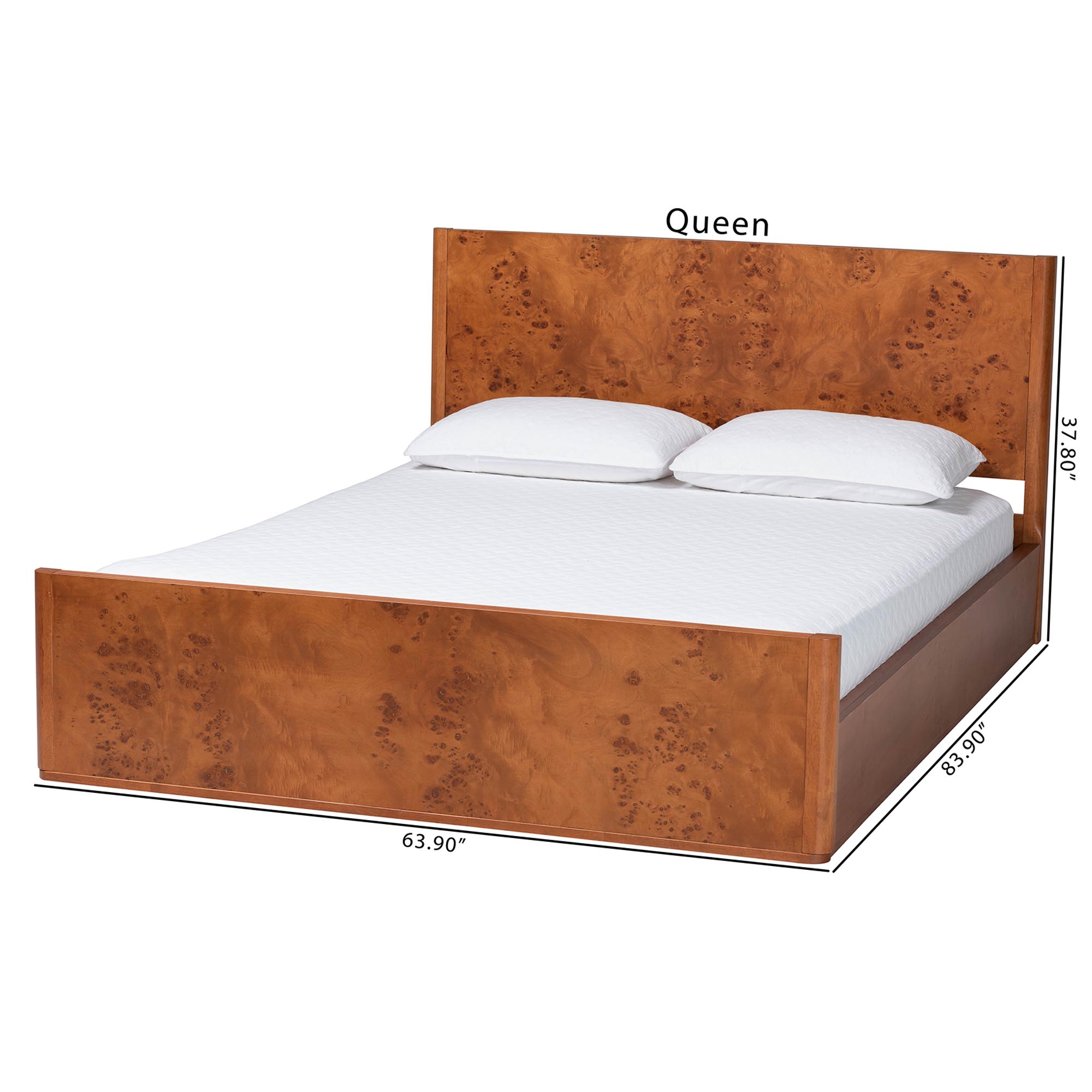 bali & pari Fuentes Real Burl Wood Bed Frame - Modern Low-Profile Platform Bed with Accent Footboard, Mid-Century Inspired Bedroom Furniture, Queen