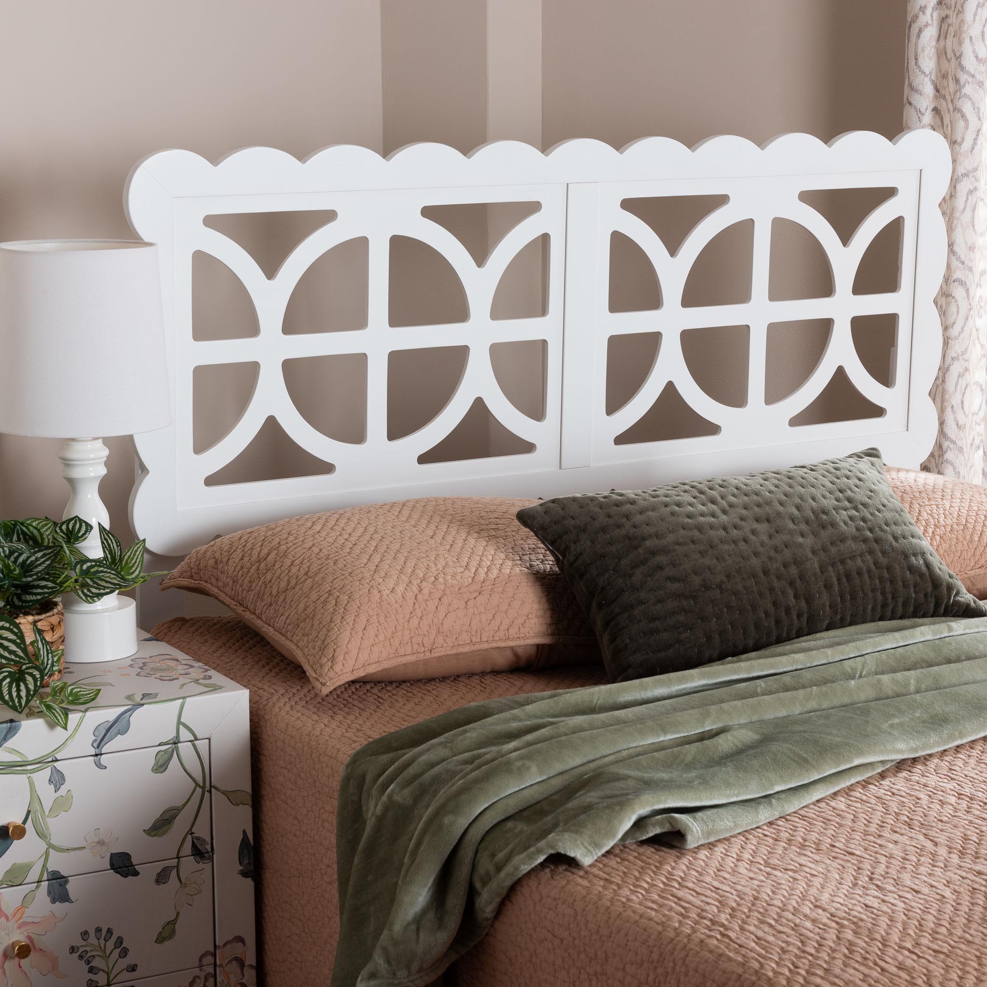 Baxton Studio Nansen Wood Headboard with Scalloped Frame - Geometric Cutout Decorative Panel for Bed Frame, Modern Coastal Bedroom Accent with Adjustable Height, Full, White