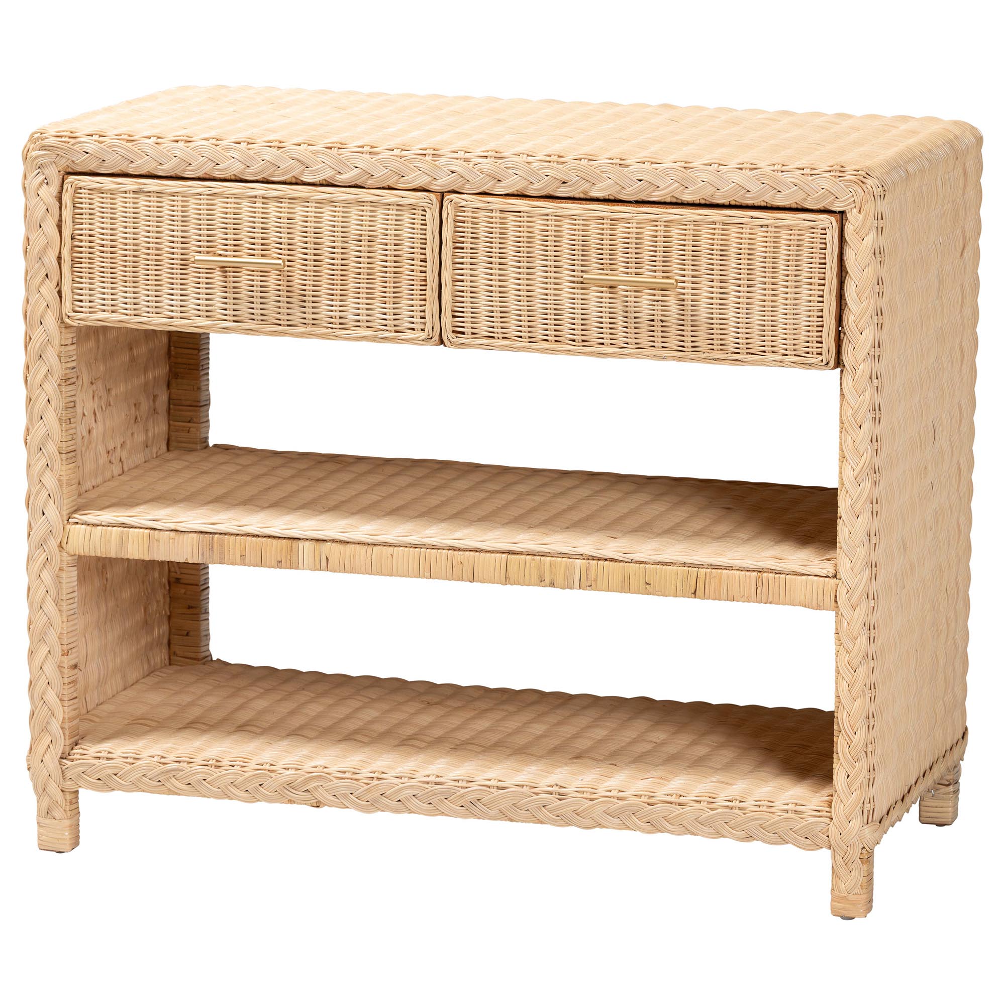 bali & pari Lanica Braided Natural Rattan Console Table with Drawers and Shelves - Coastal Style Storage Cabinet for Entryway, Living Room, or Bedroom, 35"