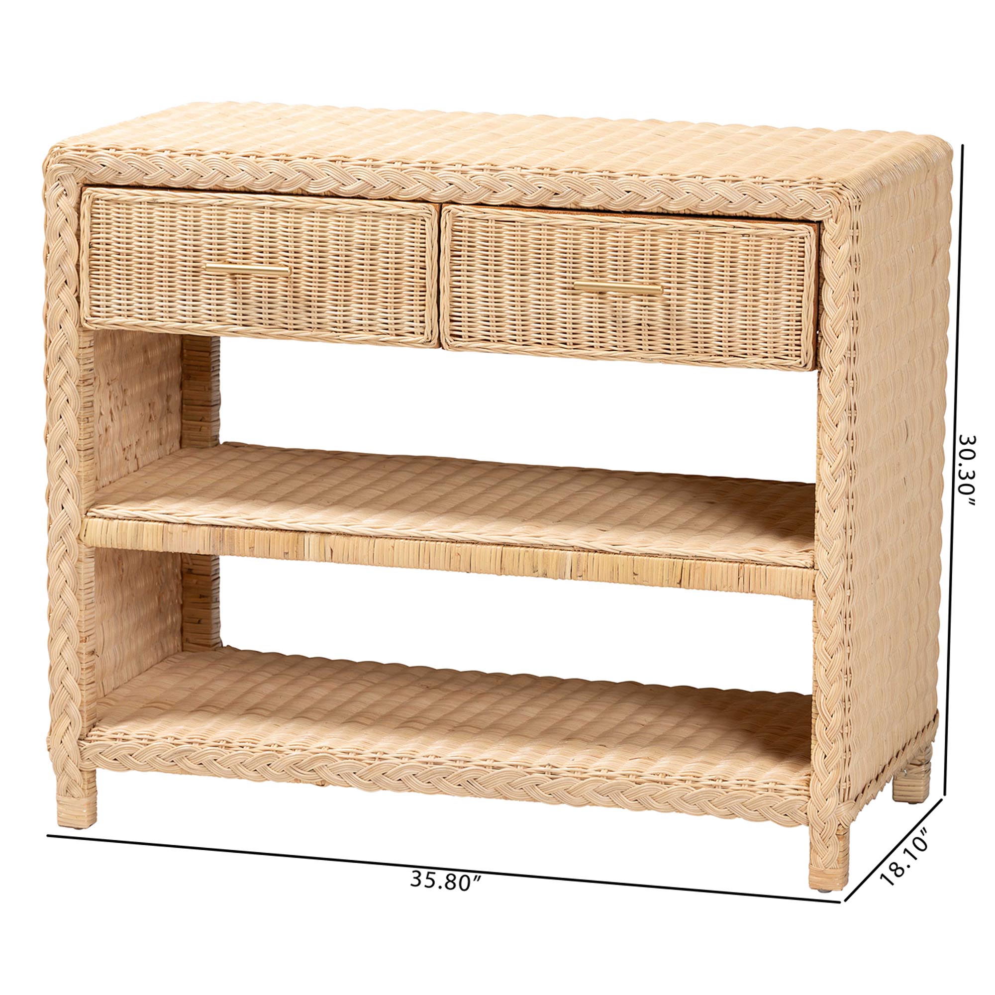 bali & pari Lanica Braided Natural Rattan Console Table with Drawers and Shelves - Coastal Style Storage Cabinet for Entryway, Living Room, or Bedroom, 35"