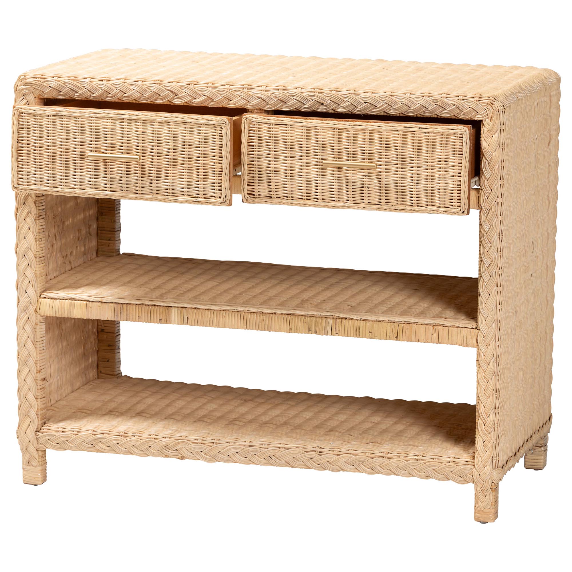 bali & pari Lanica Braided Natural Rattan Console Table with Drawers and Shelves - Coastal Style Storage Cabinet for Entryway, Living Room, or Bedroom, 35"