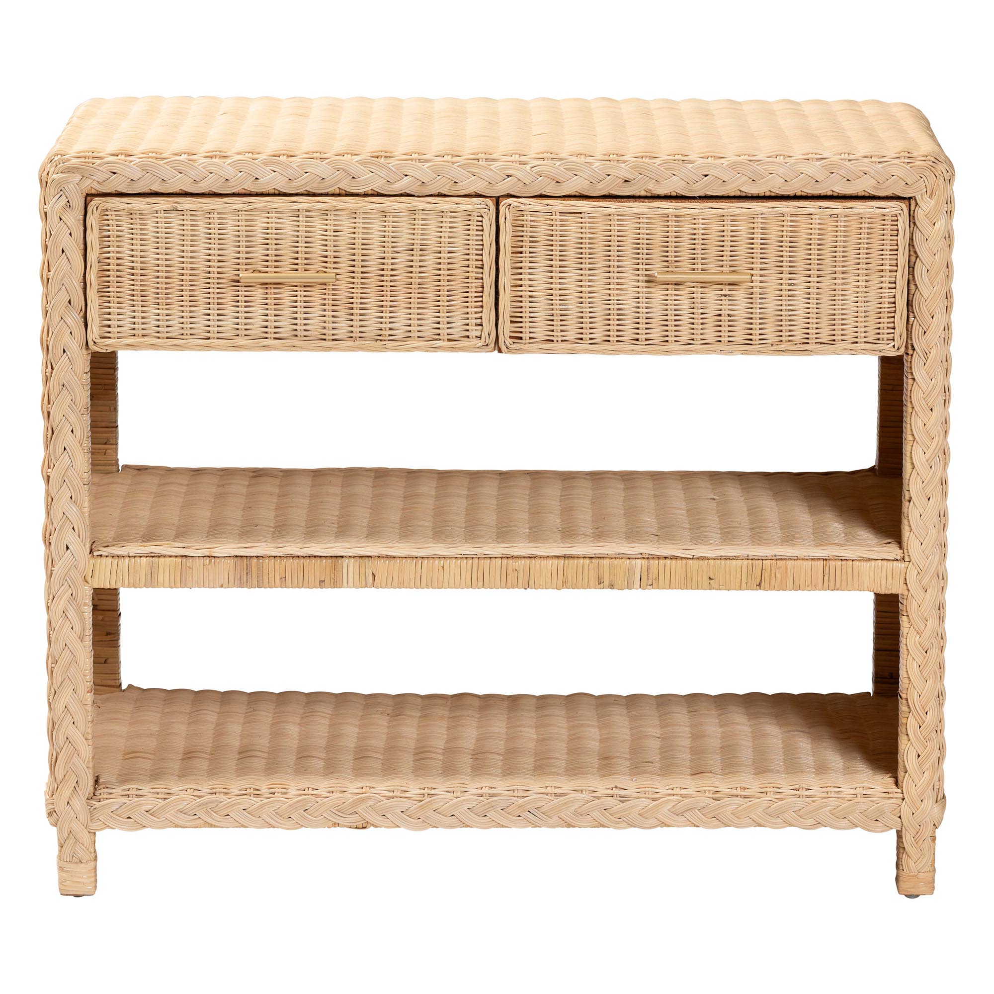 bali & pari Lanica Braided Natural Rattan Console Table with Drawers and Shelves - Coastal Style Storage Cabinet for Entryway, Living Room, or Bedroom, 35"