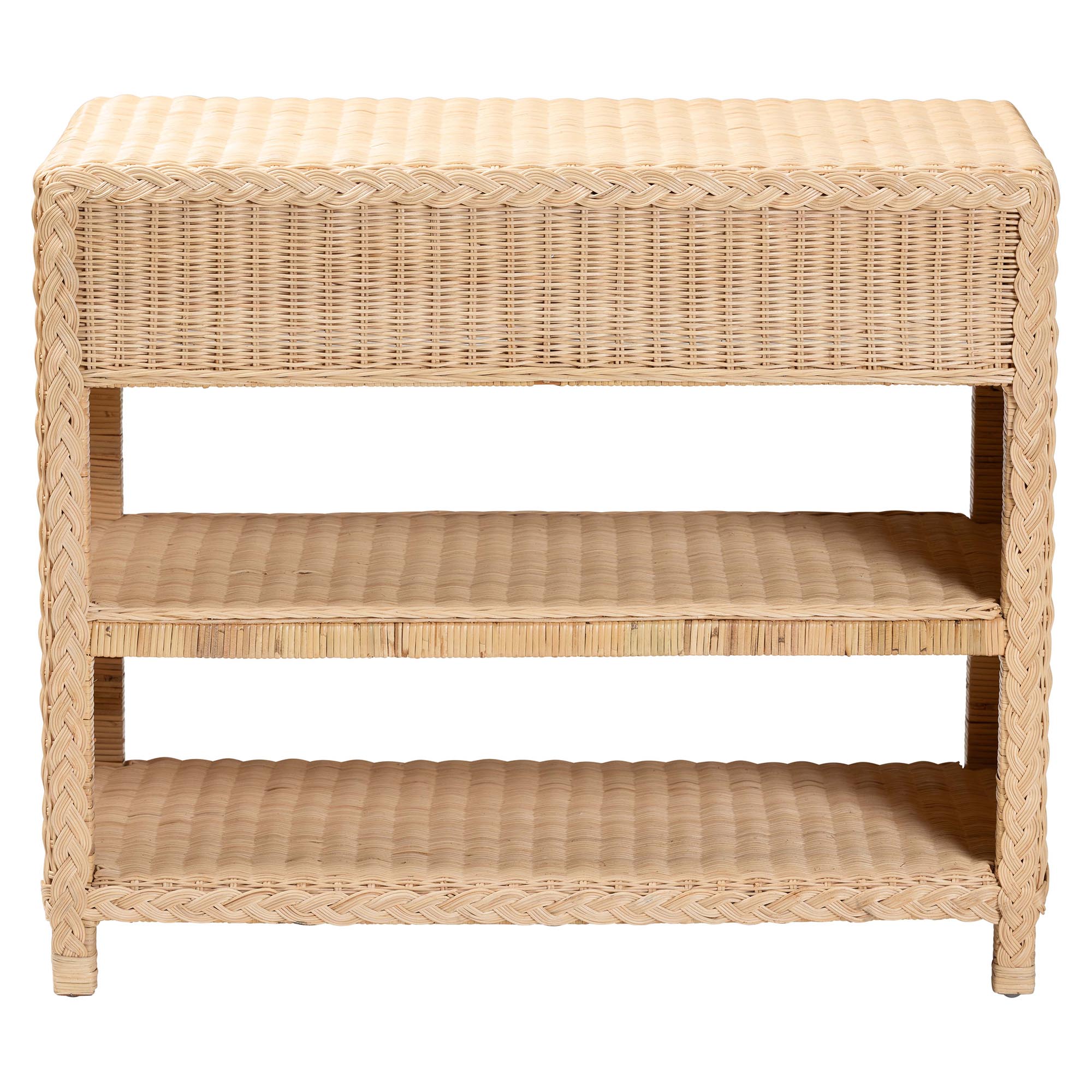 bali & pari Lanica Braided Natural Rattan Console Table with Drawers and Shelves - Coastal Style Storage Cabinet for Entryway, Living Room, or Bedroom, 35"