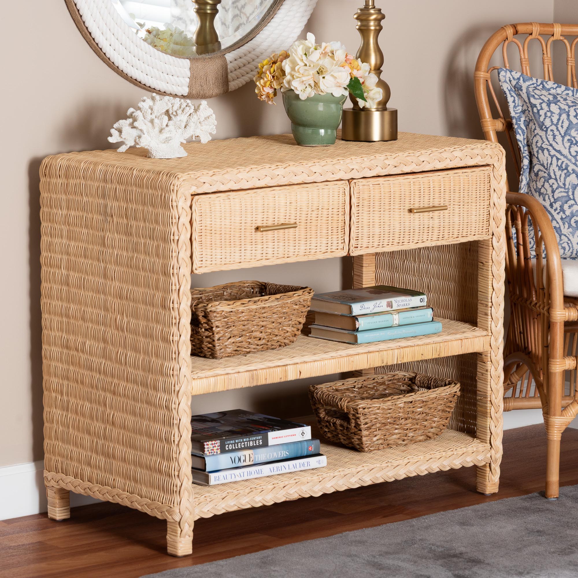 bali & pari Lanica Braided Natural Rattan Console Table with Drawers and Shelves - Coastal Style Storage Cabinet for Entryway, Living Room, or Bedroom, 35"
