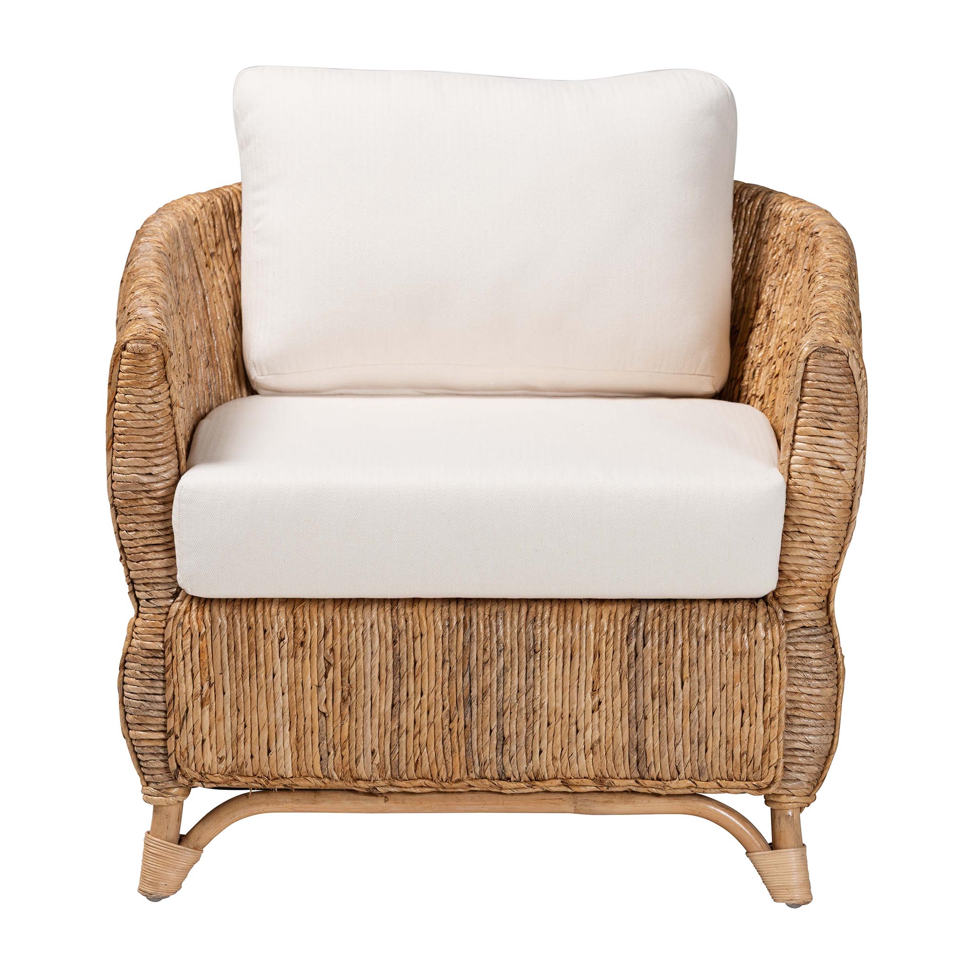 bali & pari Roma Rattan and Seagrass Armchair with Cushions - Handwoven Lounge Chair with Wide Armrests and Sculptural Base, Boho Coastal Living Room Furniture