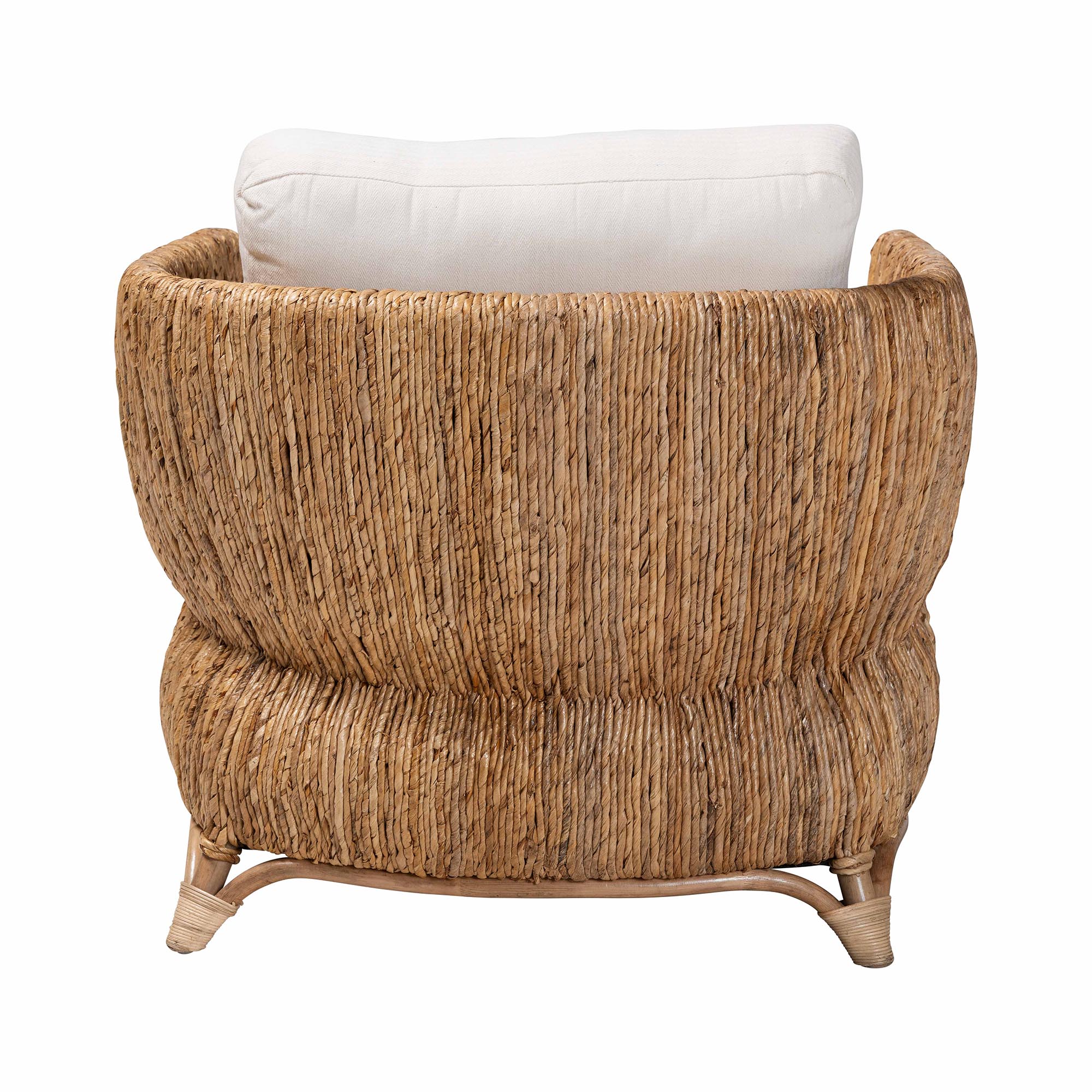 bali & pari Roma Rattan and Seagrass Armchair with Cushions - Handwoven Lounge Chair with Wide Armrests and Sculptural Base, Boho Coastal Living Room Furniture