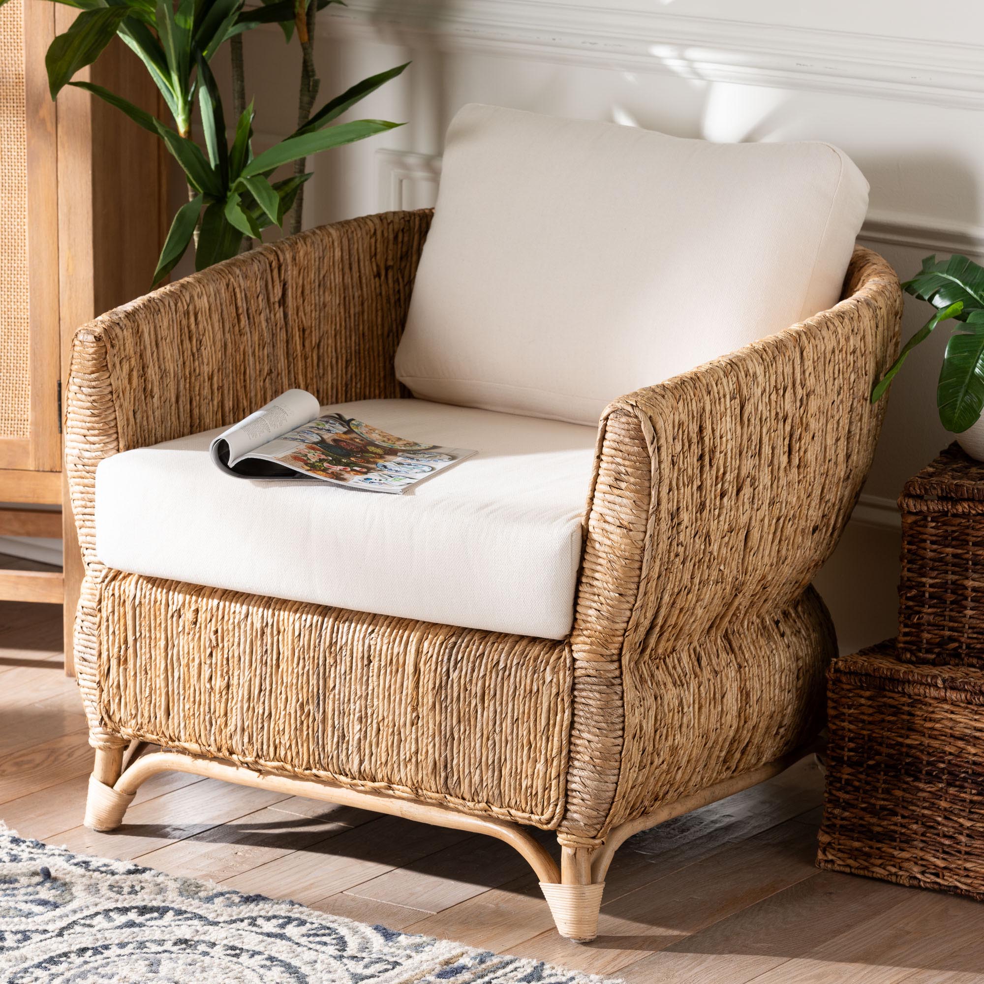 bali & pari Roma Rattan and Seagrass Armchair with Cushions - Handwoven Lounge Chair with Wide Armrests and Sculptural Base, Boho Coastal Living Room Furniture